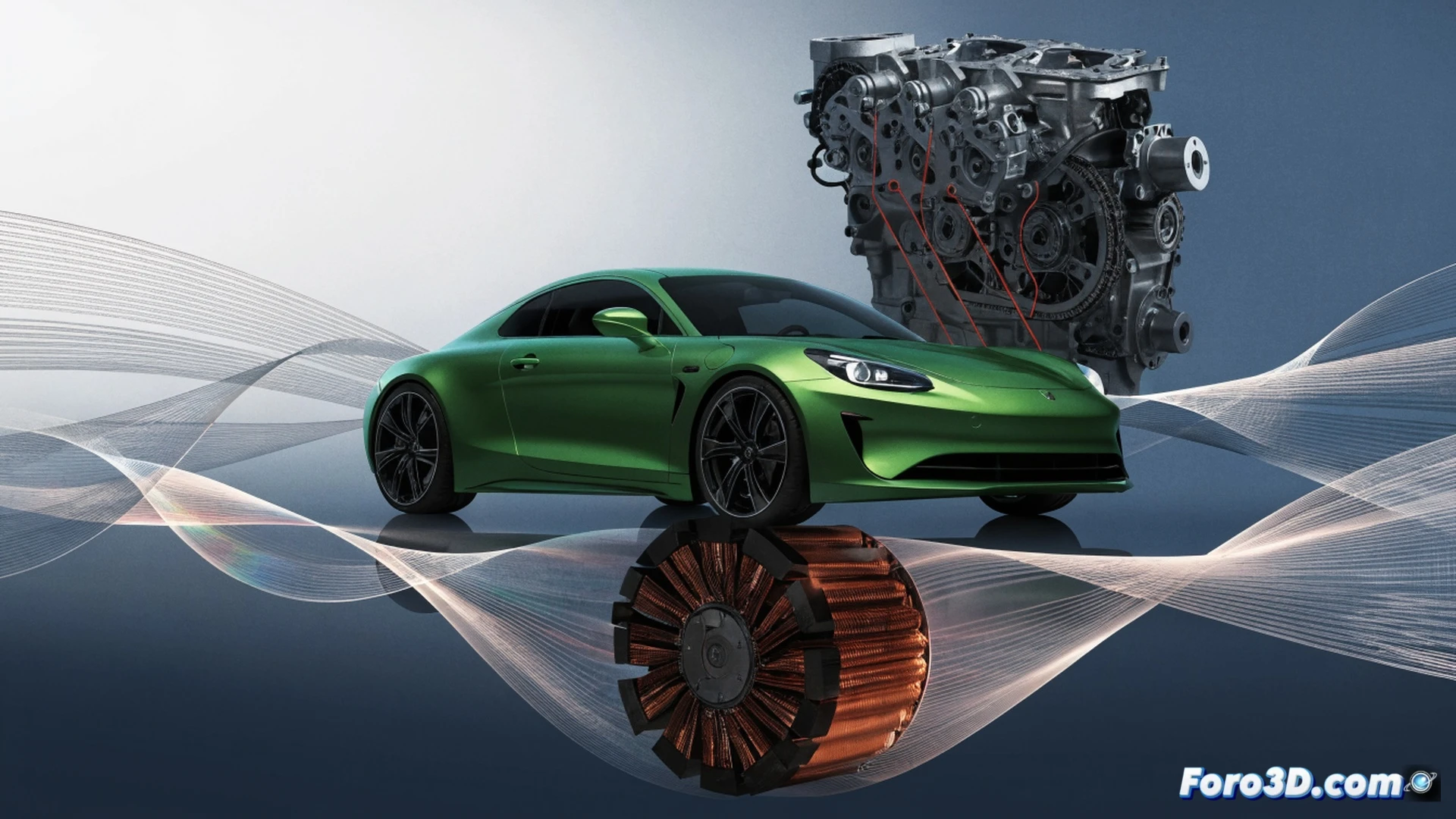Alpine luxury sports car being disassembled by robotic arms in a futuristic factory, while a transparent holographic engine block fades into glowing green leaves and digital data streams, revealing high-voltage battery components underneath, carbon fiber chassis exposed, assembly line workers in cleanroom suits observing the process, cinematic engineering visualization, cold blue industrial lighting contrasting with warm green sustainable elements, photorealistic technical render, ultra-detailed mechanical joints and wiring, dramatic shadows on polished concrete floor