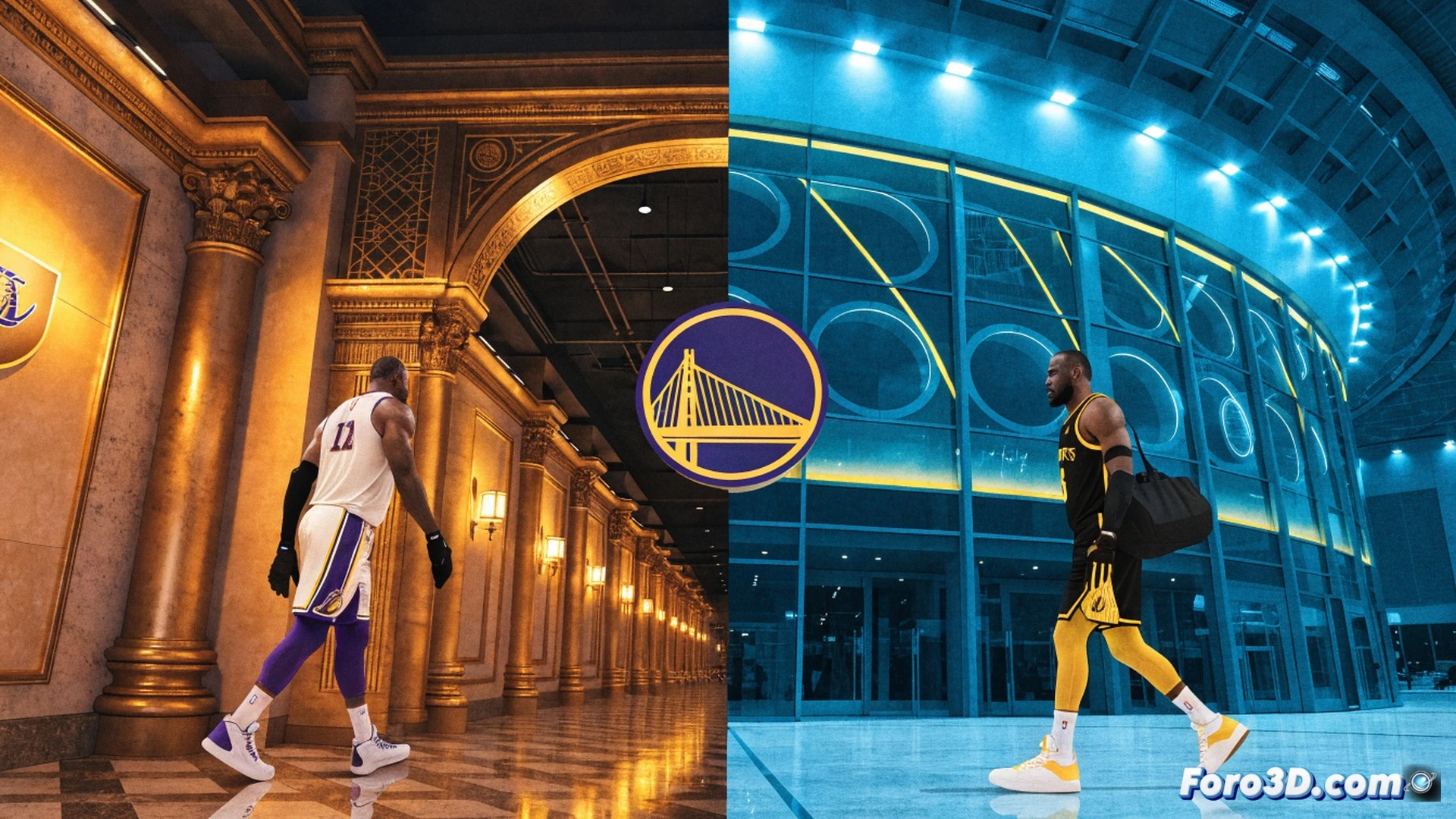 LeBron James en uniforme de los Lakers realizando un crossover dribble sobre la línea de tres puntos, balón naranja con textura de cuero deformándose por la presión, zapatillas Nike generando chispas sobre la madera brillante del court, fondo con marcador electrónico mostrando números borrosos y un reloj de posesión en cuenta regresiva, Warriors jersey colgando en un casillero entreabierto al fondo, efectos de movimiento cinético con líneas de velocidad azul y dorado, iluminación dramática de estadio con focos cenitales, render fotorrealista estilo cinemático deportivo, texturas de sudor y tensión muscular visibles, ambiente de transición y cambio