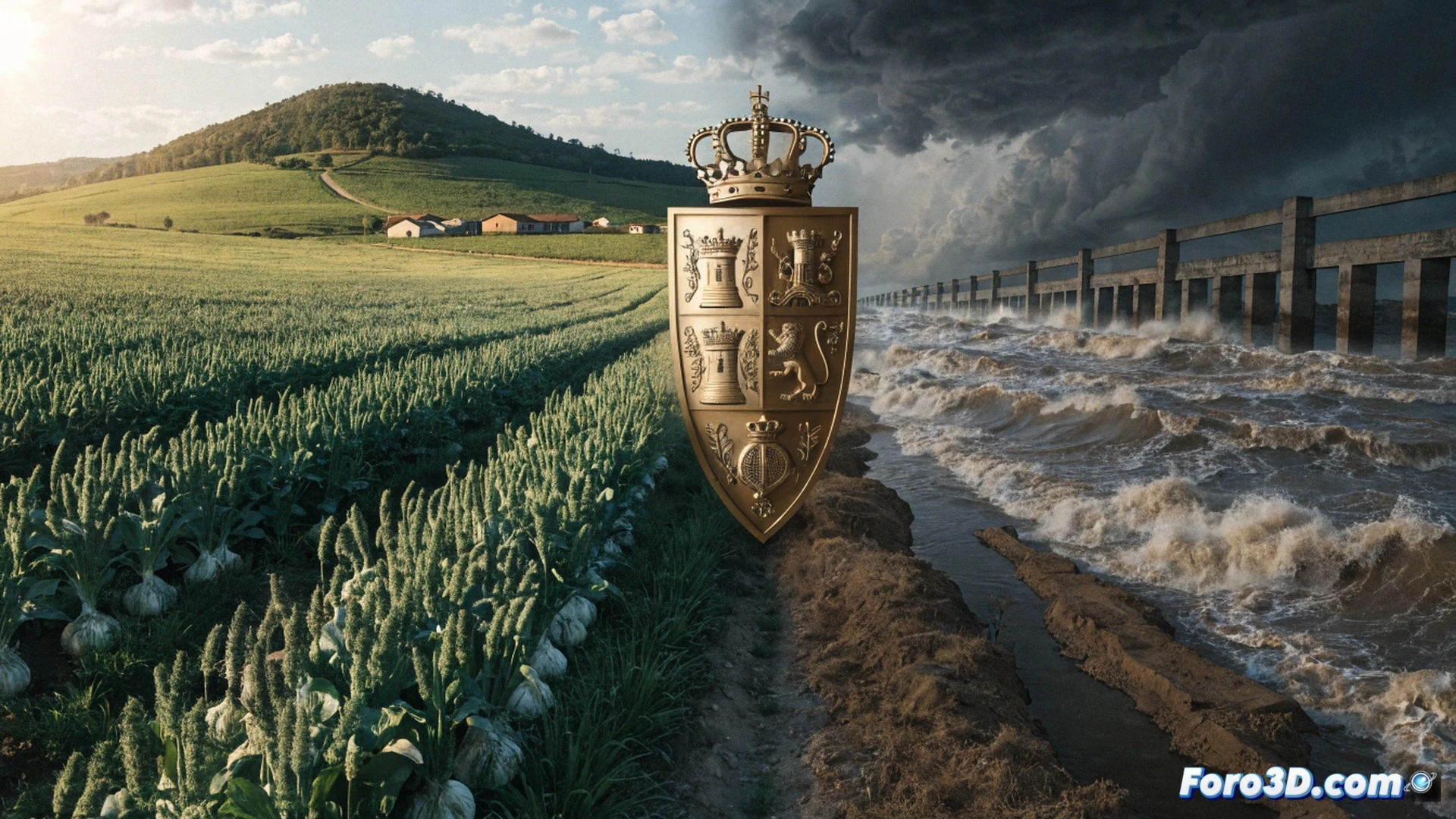 vast spanish garlic field at sunset, tractor with harvesting attachment stopped mid-row, massive cargo ship silhouette unloading crates labeled with egyptian flags on distant dock, price tag symbols floating down like falling leaves onto wilting garlic plants, farmer holding a broken shield made of european union emblem, cracked ceramic irrigation pipe leaking water, cinematic agricultural documentary style, dramatic golden hour lighting, dust particles in air, photorealistic technical render, wide angle lens showing scale of threat