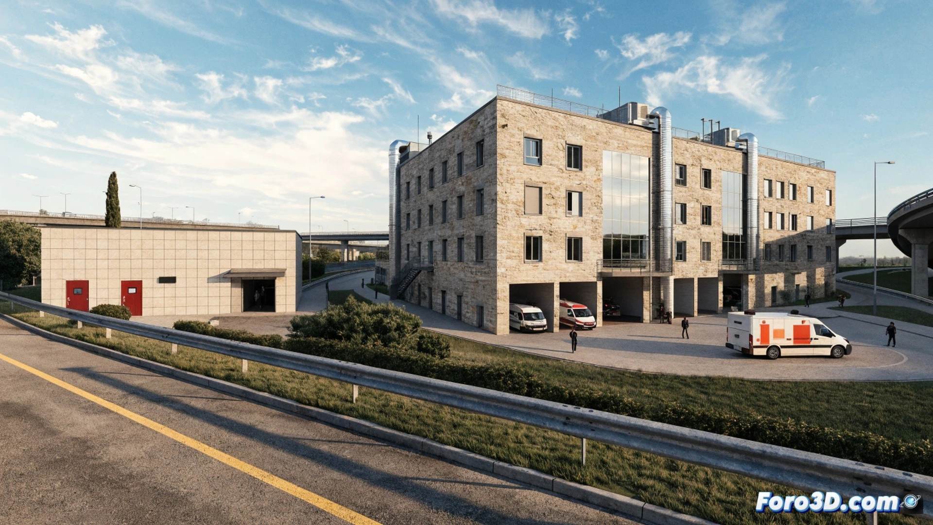 Abandoned fire station interior being transformed, paramedics unloading medical equipment from a Soporte Vital Basico ambulance, Vehiculo de Intervencion Rapida parked nearby, open garage doors showing highway A-27 connection, glowing emergency lights on vehicles, industrial ceiling lights illuminating the space, modern medical kits and stretchers stacked on clean floor, cinematic technical illustration, photorealistic architectural render, bright daylight streaming in, dust particles in air, realistic textures of concrete walls and metal doors, wide-angle dramatic composition
