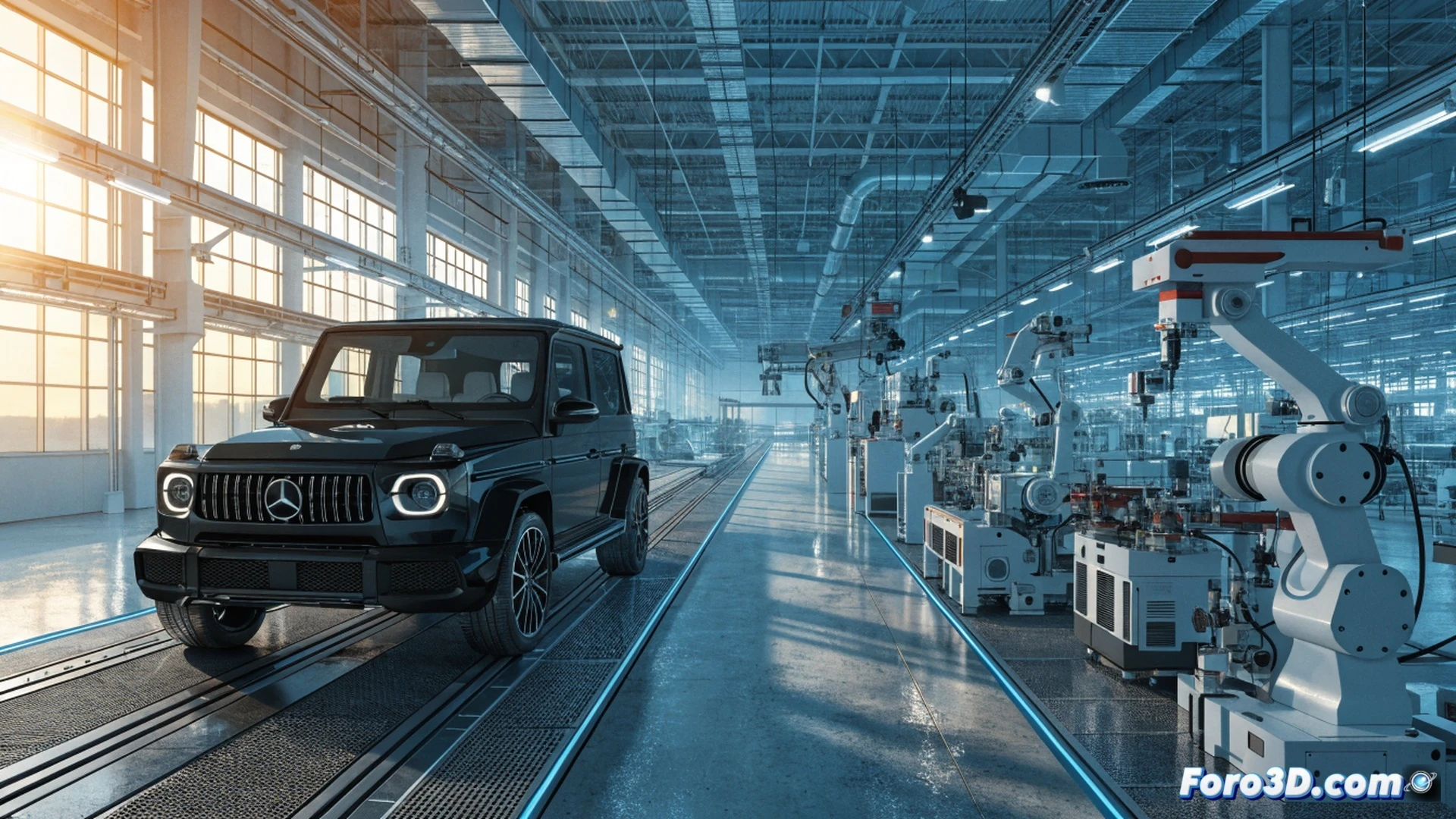 Mercedes baby G-Class body shell being lowered onto assembly line in Hungarian factory, robotic arms welding chassis frame while hybrid battery pack hovers nearby on automated trolley, workers inspecting electric motor components, industrial conveyor system moving partially assembled SUVs, factory floor marked with production zones, photorealistic engineering visualization, bright overhead factory lighting, metallic surfaces reflecting light, precise mechanical alignment, clean modern automotive plant, realistic industrial atmosphere, ultra-detailed vehicle structure