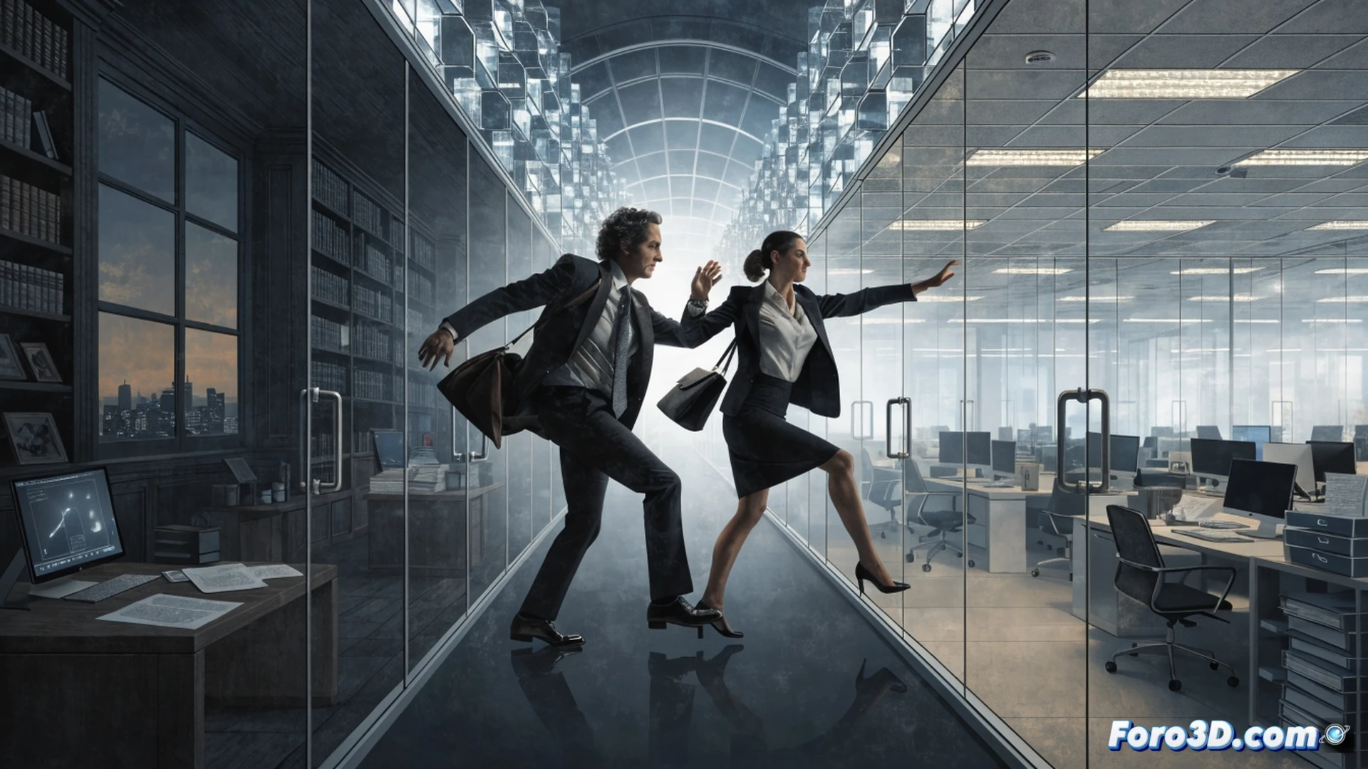A marble corridor with two open office doors labeled Administración and Consultora, a male economist in a suit mid-step crossing from one door to the other, his shadow stretching long, a transparent briefcase spilling glowing data streams and confidential GDP charts onto the floor, a female analyst watching from a desk with dual monitors displaying classified budget flows, financial graphs rotating in mid-air, cinematic photorealistic render, dramatic low-angle lighting, polished stone reflections, tense professional atmosphere, ultra-detailed textures, no text visible
