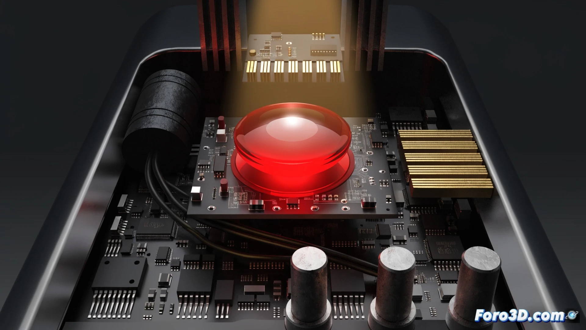 Vintage PC case front panel showing three buttons: power, reset, and turbo button being pressed by a finger, motherboard visible through side panel with CPU and RAM chips, retro computer monitor displaying a classic game running smoothly, green LED indicator on turbo button glowing, dust particles in beam of desk lamp, old CRT monitor, beige computer tower, floppy disk drive, detailed retro hardware, cinematic lighting, photorealistic technical illustration, 1990s computing scene, demonstrating the action of slowing down CPU speed for game compatibility, realistic textures, deep shadows, warm amber tones