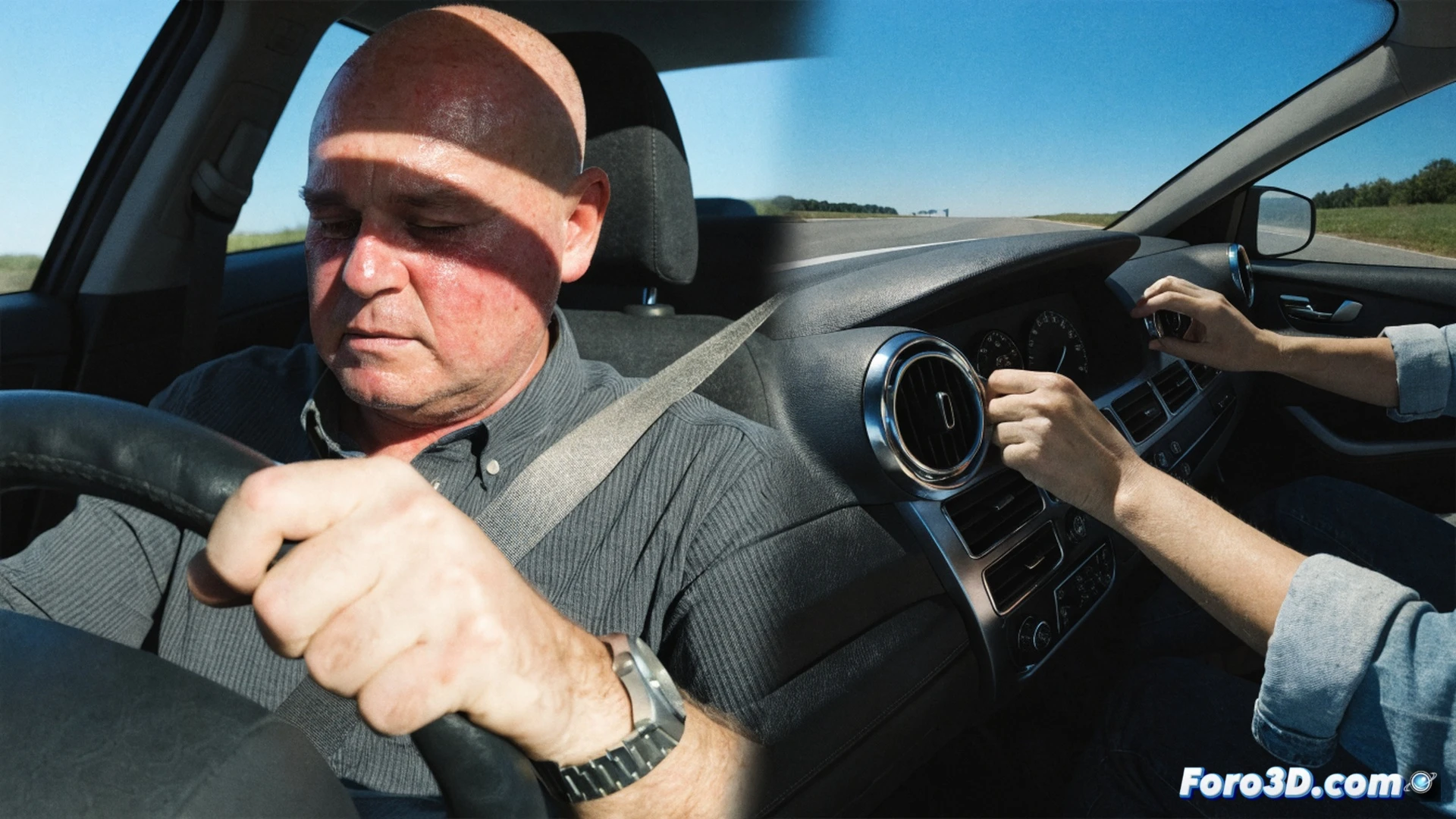 car interior at 40 degrees Celsius, dashboard thermometer showing extreme heat, driver sweating while gripping steering wheel, blurred road ahead with heat haze distorting view, air conditioning vents blowing cool air across a technician s hand holding a pressure gauge during refrigerant recharge, open glovebox revealing AC filter replacement kit, split-screen composition showing both driving fatigue and repair process, photorealistic automotive safety illustration, cinematic lighting with harsh sun rays through windshield contrasting with blue AC airflow, engine bay visible through hood gap showing compressor lines, technical detail on gauge readings, dramatic contrast between red heat and blue cool zones, ultra-realistic materials, automotive photography style