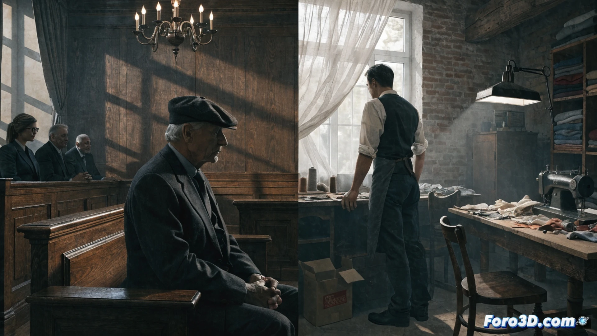 photorealistic cinematic scene of a tense family meeting in a luxury textile studio, Isak Andic sitting at a mahogany desk holding a financial document showing 40 million figure, a female therapist leaning forward with persuasive hand gesture, his son Jonathan standing near a tailor's dummy with half-finished suit, sewing machine in background, Mango clothing racks visible through glass wall, stress visible on faces, dramatic shadows from desk lamp, technical details of fabric swatches and measuring tape on table, high-end interior with exposed brick and industrial lighting, psychological tension captured in body language