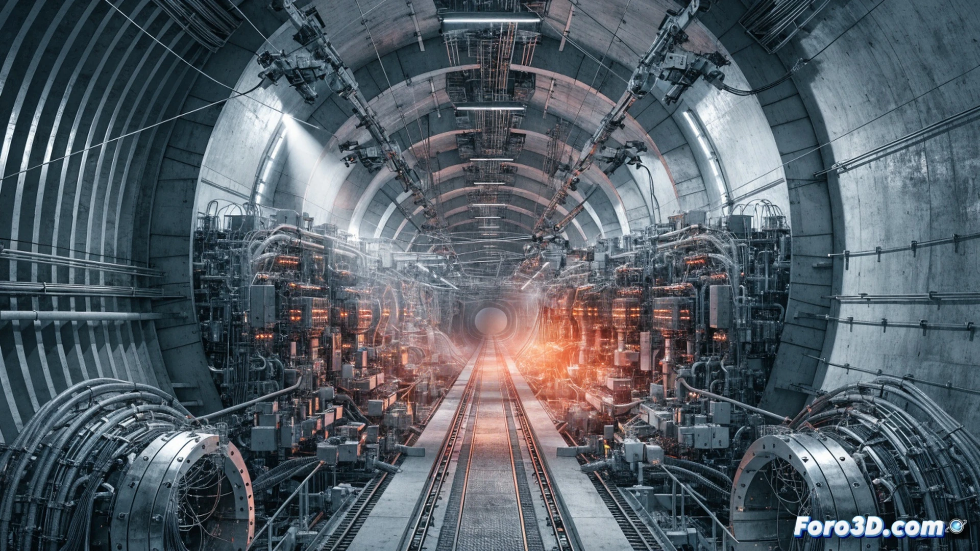 Large Hadron Collider tunnel section during shutdown, engineers in protective suits disconnecting massive superconducting magnets with robotic arms, exposed cryogenic pipes and cable bundles being removed for upgrade, welding sparks from a technician modifying a beam pipe connection, glowing blue particle detector modules in background, maintenance platforms and hoists suspended above, industrial lighting casting sharp shadows on metallic surfaces, photorealistic engineering visualization, extreme detail on mechanical components, dust particles illuminated in beams, sense of scale with human figures dwarfed by circular tunnel, cinematic documentary style