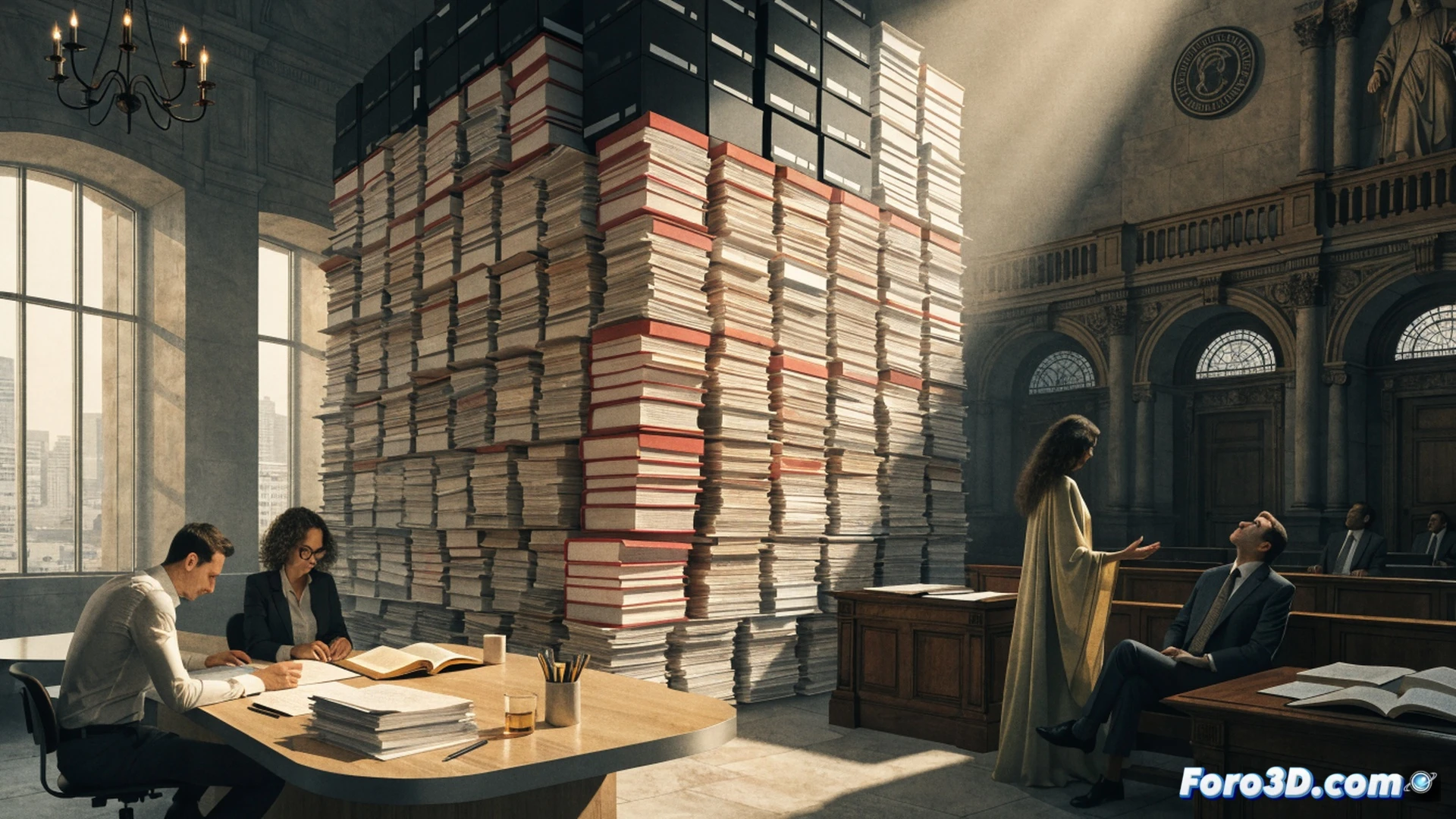 Consell Consultiu de Baleares official reviewing a stack of 122 legal reports on a polished wooden desk, a citizen holding a document showing a fall injury on a public street, a digital tablet displaying a rejected claim notification with a 16 million euro figure crossed out, photorealistic legal office scene, natural sunlight streaming through window, professional attire, serious expressions, organized paperwork with legal seals, technical illustration style, sharp focus on documents and hands, realistic textures of paper and leather folders, balanced warm office lighting