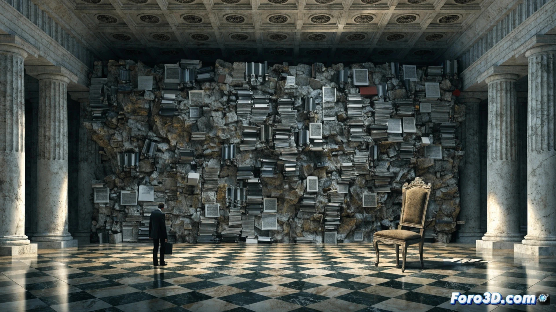A large bureaucratic wall made of stacked legal files and claim forms, a citizen standing before it holding a broken medical report and a damaged road map, cracks spreading across the wall while gears labeled with administrative seals grind to a halt, a shadowy figure behind the wall turning a key labelled denial, cinematic photorealistic engineering visualization, dramatic side lighting casting long shadows, dust particles suspended in air, cold blue-grey institutional colour palette, ultra-detailed paper textures and metallic components, motion blur on the turning gears, technical illustration style