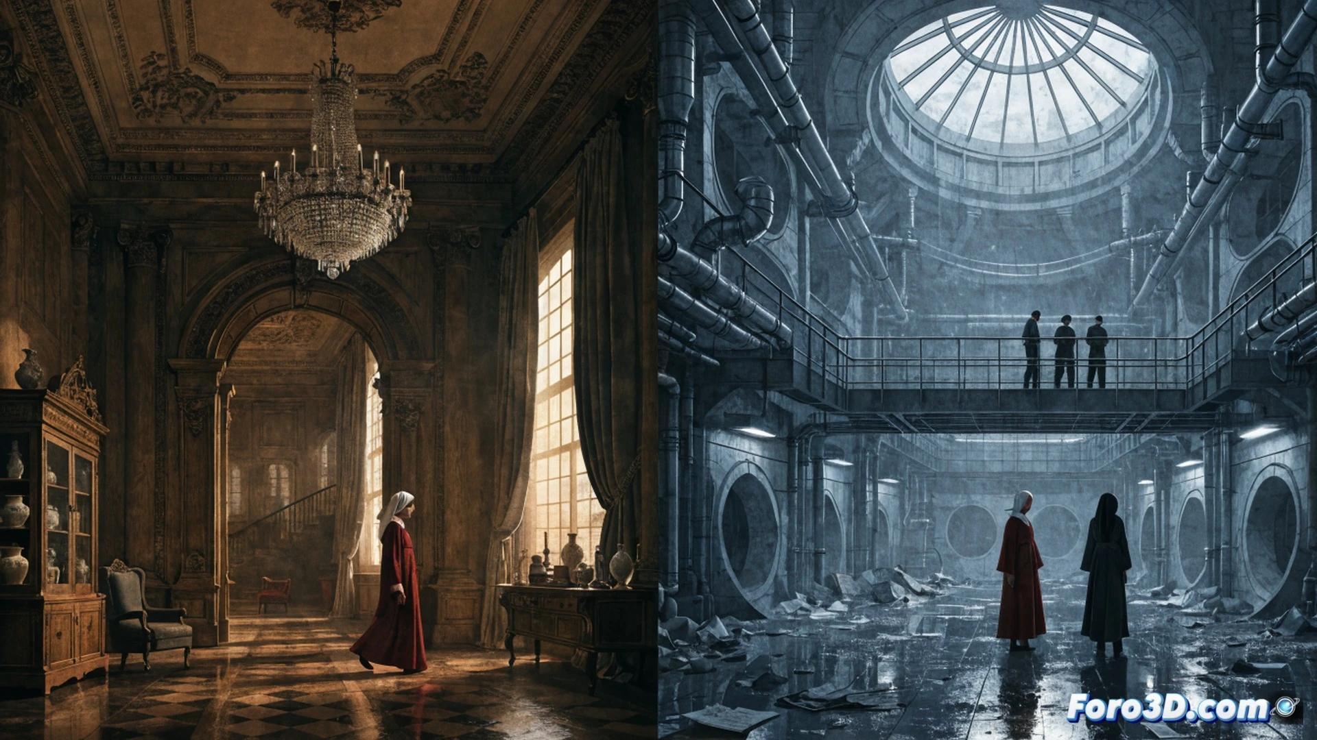 A television studio set showing a cracked Handmaid’s Tale costume hanging on a mannequin, a technical script covered in red revision marks lying on a director’s monitor, while a digital timeline on a video editing workstation displays season six far past a small source file labeled book 320 pages, cinematic photorealistic technical illustration, dramatic blue and red lighting, worn fabric texture, editing software interface glowing, keyboard and mouse in foreground, action of stretching a story beyond its breaking point, realistic industrial studio environment, ultra-detailed equipment, moody contrast.