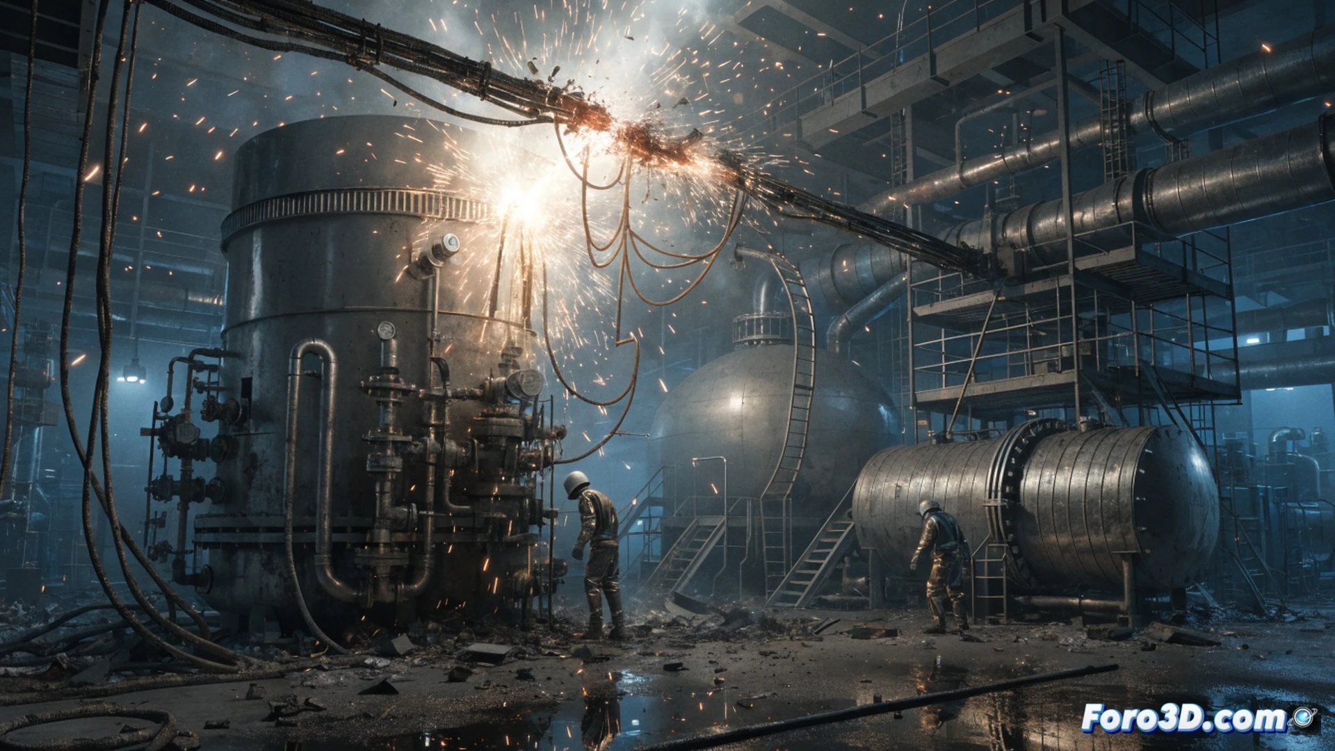 industrial biogas plant methane enrichment area, catastrophic aftermath of an arc flash explosion, twisted metal pipes and ruptured pressure vessels, black smoke rising from smoldering electrical control panels, emergency response team in protective gear inspecting damaged equipment, forensic investigators with flashlights examining charred wiring conduits, collapsed steel framework, molten copper droplets on concrete floor, safety barriers knocked over, fire suppression foam residue, cinematic photorealistic engineering visualization, dramatic low-angle lighting, ultra-detailed mechanical destruction, realistic industrial disaster scene