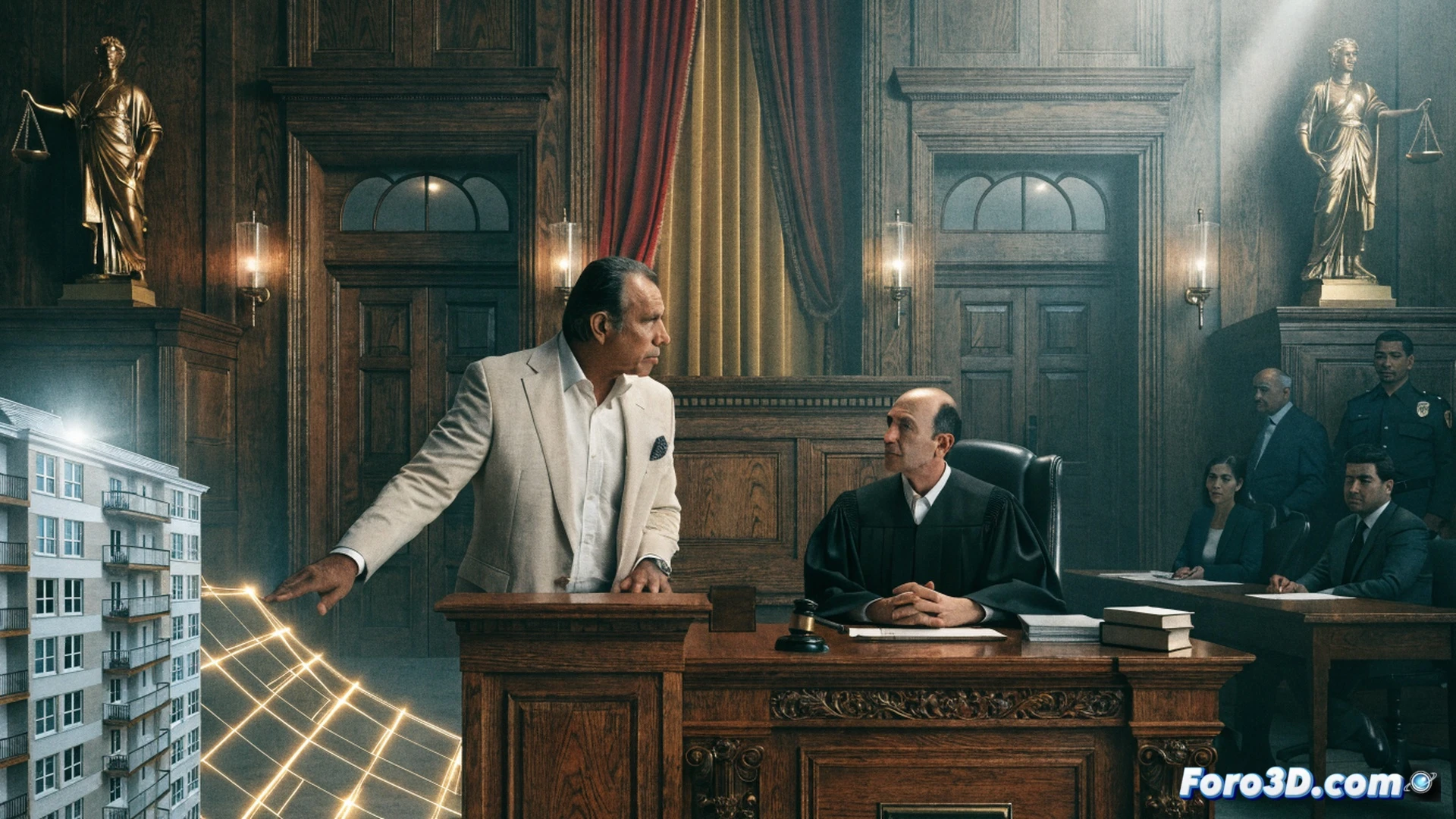 courtroom transformed into real estate office, judge wearing robe sitting at desk reviewing property documents, gavel replaced by a house key and contract papers, stacks of legal files and property deeds on table, computer monitor displaying property listing software, citizens watching from benches with hopeful expressions, dramatic lighting from tall windows casting shadows, photorealistic cinematic style, detailed textures on wood furniture and legal documents, action of judge examining a house blueprint while clerk points to a map, technical illustration with precise architectural elements