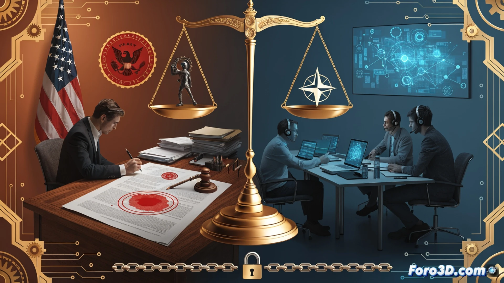 A divided control room scene, two contrasting monitoring stations. Left side: a government official blocking a Palantir contract on a desktop screen, red veto stamp hovering over a digital document, firewall icons glowing. Right side: a NATO commander approving identical Palantir data streams on a large tactical display, satellite feeds and encrypted nodes active. A central broken chain-link fence symbol divides the space. Cinematic photorealistic technical illustration, dramatic blue-red lighting, data cables crossing the floor between stations, glowing server racks in background, realistic metal and glass textures, tense atmosphere.