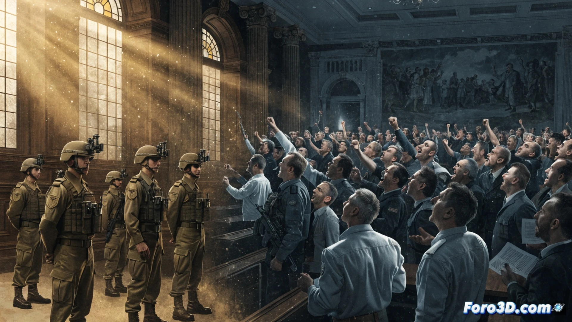 photorealistic scene of a massive digital scale with two contrasting sides, left side shows a crisp military uniform and medal resting on a glowing 7 out of 10 platform, right side shows a crumpled politician tie and empty ballot box on a cracked 3 out of 10 platform, a transparent bar graph floating above displays a steep drop from high confidence to low, dramatic spotlight illuminating the military side while shadows engulf the political side, cinematic technical illustration, ultra-detailed fabric textures and metallic reflections, high contrast lighting, photorealistic render