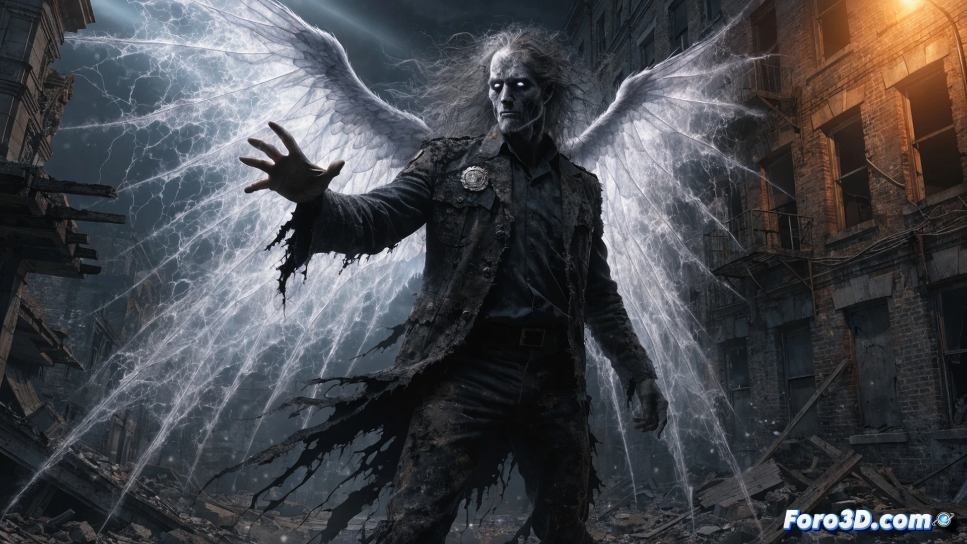 Ethereal green spectral figure floating above a rain-slicked city street, translucent trench coat billowing, one skeletal hand gripping a glowing police badge while the other points toward a shadowy alley, ethereal chains wrapping around a fleeing criminal figure, misty urban nightscape with reflective wet asphalt, cracked streetlamp casting harsh shadows, cinematic noir lighting, photorealistic spectral glow effects, high-contrast dramatic shadows, ultra-detailed texture on ghostly fabric and bone structure, moody atmospheric fog, technical illustration style with precise volumetric lighting