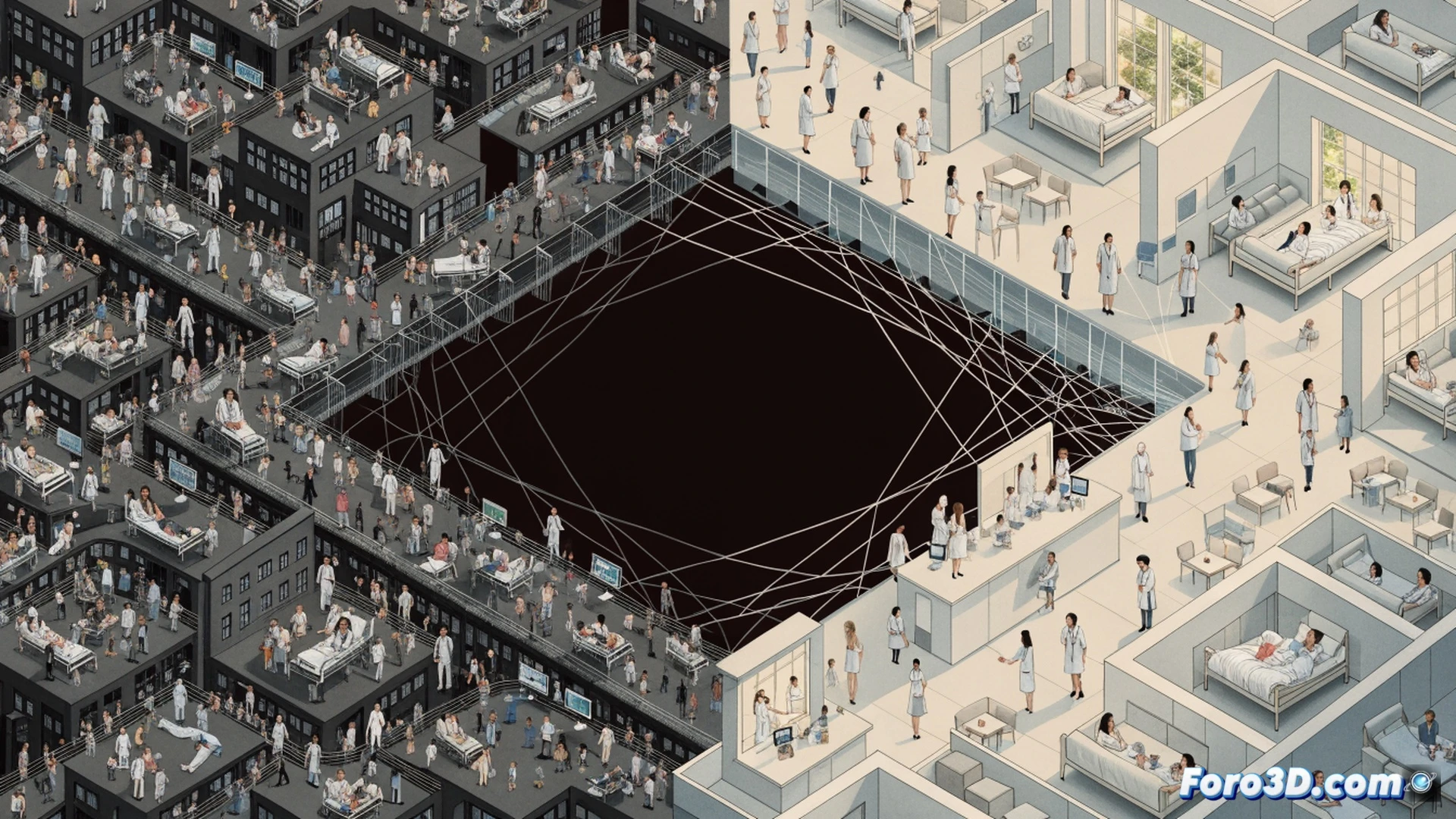 photorealistic scene of a collapsing public hospital emergency room, overcrowded with patients on stretchers lining the walls, a single overwhelmed doctor holding a tablet showing empty surgical schedule, while in the background a glass door leads to a sleek private clinic with robotic surgical arms and glowing diagnostic screens, a patient walking through that door, crumbling ceiling tiles and flickering fluorescent lights contrast with the private clinic's bright LED panels, medical monitors showing flatlining budget graphs, cinematic dramatic lighting, cold blue tones in public side, warm golden light in private side, ultra-detailed medical equipment, dust particles in air, technical illustration style