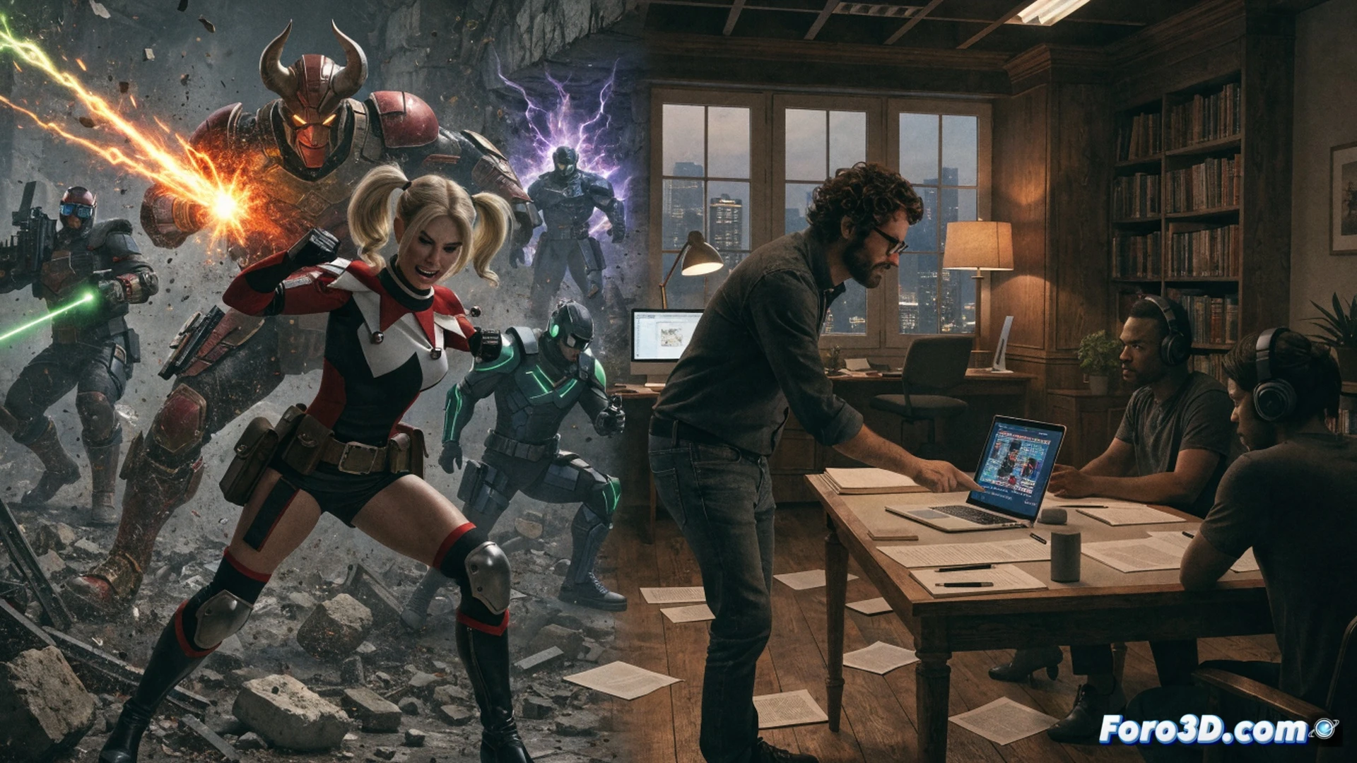ruined futuristic cityscape, superhero statue crumbling into pieces, a lone developer holding a tablet showing declining sales graphs while standing near a broken game console, discarded AAA game discs scattered on wet asphalt, cinematic photorealistic style, dramatic stormy sky, neon signs flickering with dead pixels, cracked holographic displays showing failed live-service metrics, rain-soaked corporate office windows reflecting empty desks, ultra-detailed destruction textures, moody blue-gray lighting, high-contrast shadows, technical visualization of market failure