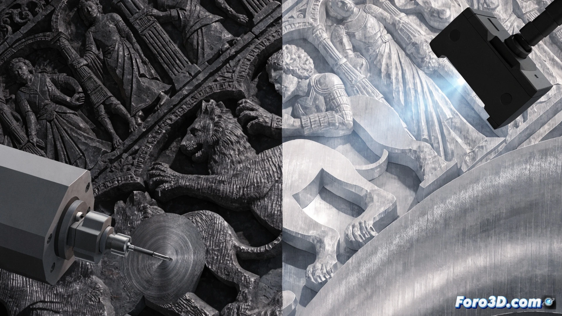 Photorealistic technical scene of a stone relief being scanned by a 3D scanner on a tripod, while a CNC milling machine with abrasive burr tool carves uniform incised lines into a limestone slab, a gloved hand holding a chisel nearby, comparison inset showing smooth CNC grooves versus irregular manual chisel marks, forensic analysis equipment in background, harsh workshop lighting casting sharp shadows, metallic dust particles suspended in air, engineering visualization style, ultra-detailed stone texture, dramatic contrast between ancient craft and modern fabrication