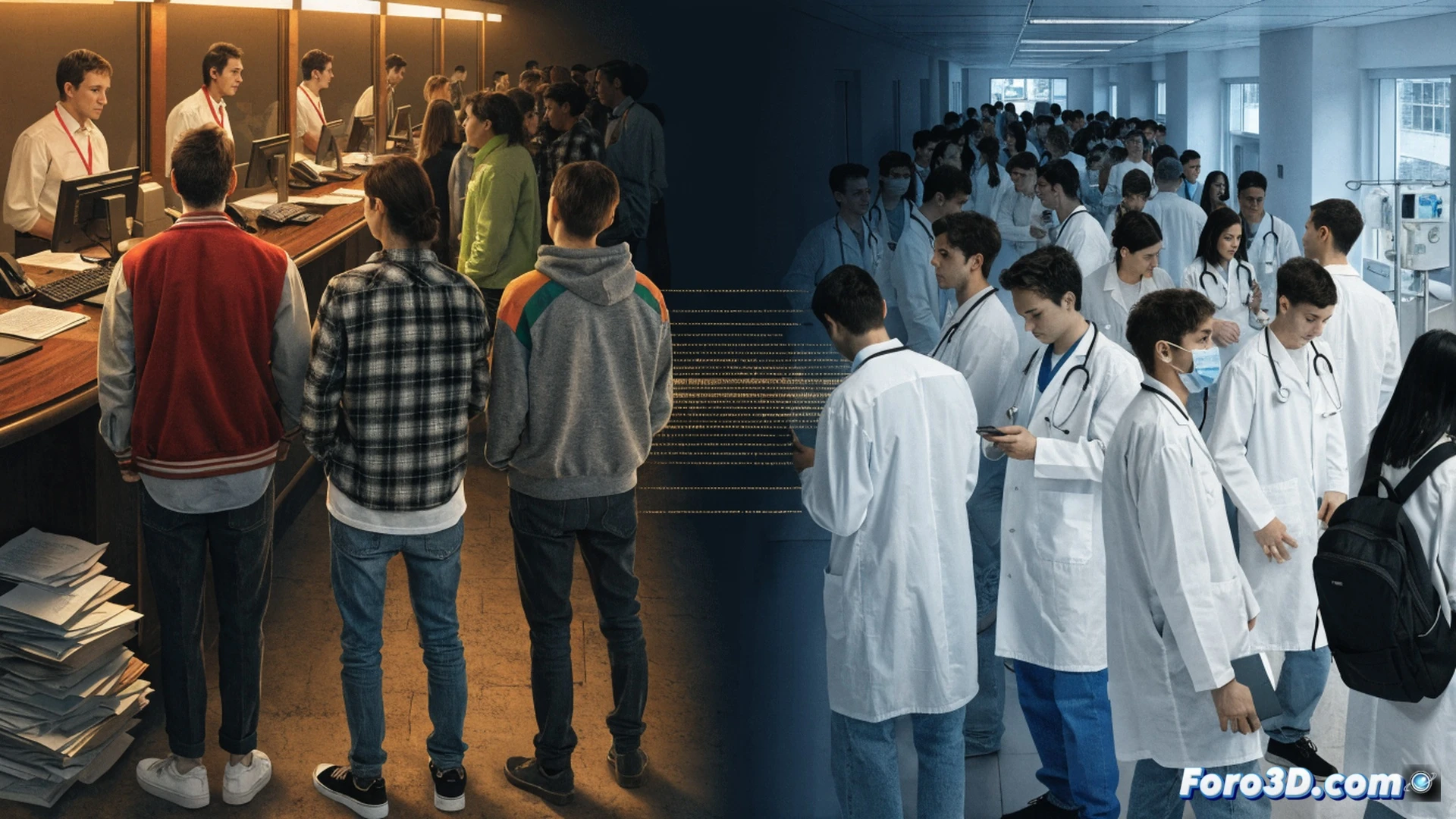 academic building exterior with a glass facade, a massive bottleneck shape formed by students crowding in front of a single open door while many others are blocked outside, hands pressing against the glass, frustrated expressions, a transparent holographic chart floating nearby showing a sharp gap between applicant bars and available seat bars, cinematic photorealistic engineering visualization, dramatic overcast daylight, metallic door frame, concrete steps, dynamic crowd movement creating visual tension, ultra-detailed textures, realistic lighting with soft shadows, wide-angle lens perspective