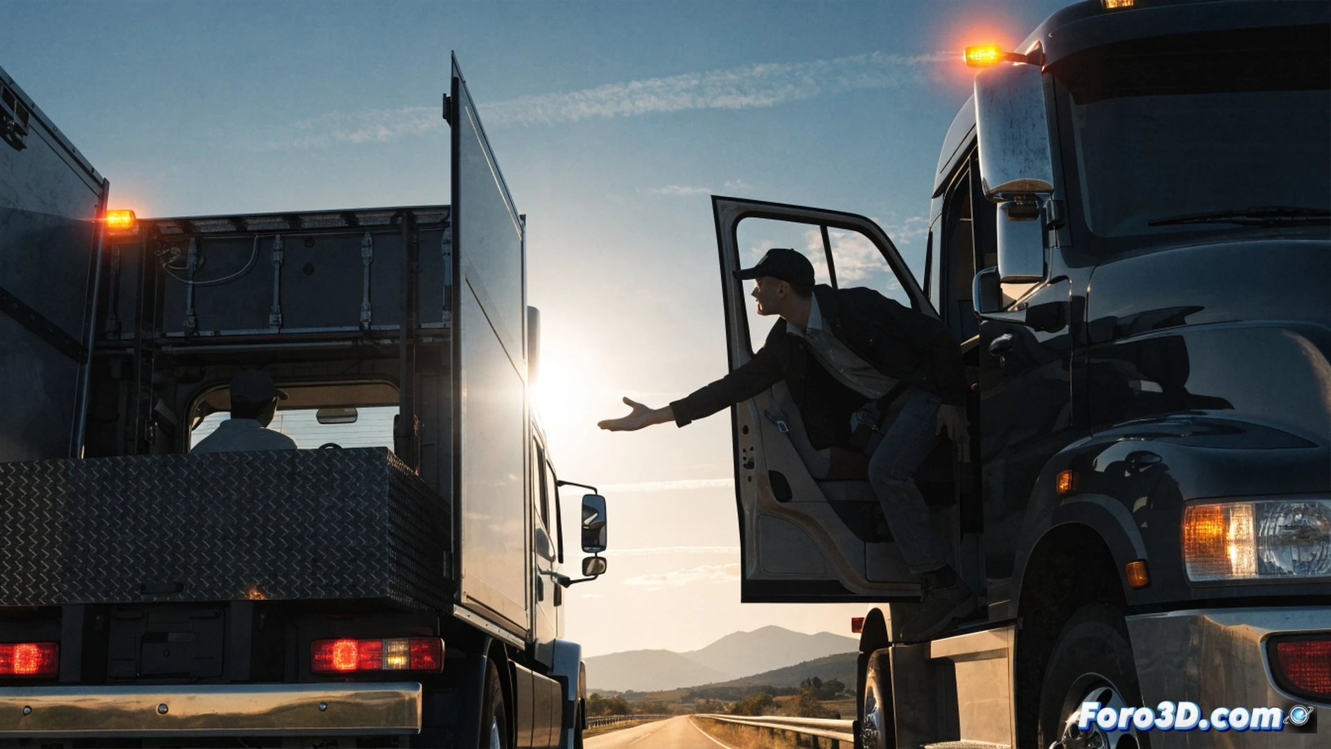 Two semi-trucks on a highway at night, front truck signaling with bright long-range headlights flashing, rear truck mid-lane change returning to right lane, motion blur on road markings, dashboard camera angle showing steering wheel and illuminated warning symbol, realistic traffic enforcement context, cinematic night photography style, high-contrast lighting with glowing headlight beams, reflective truck mirrors and chrome details, asphalt texture visible, photorealistic technical illustration, dramatic atmosphere emphasizing the illegal flashing gesture.