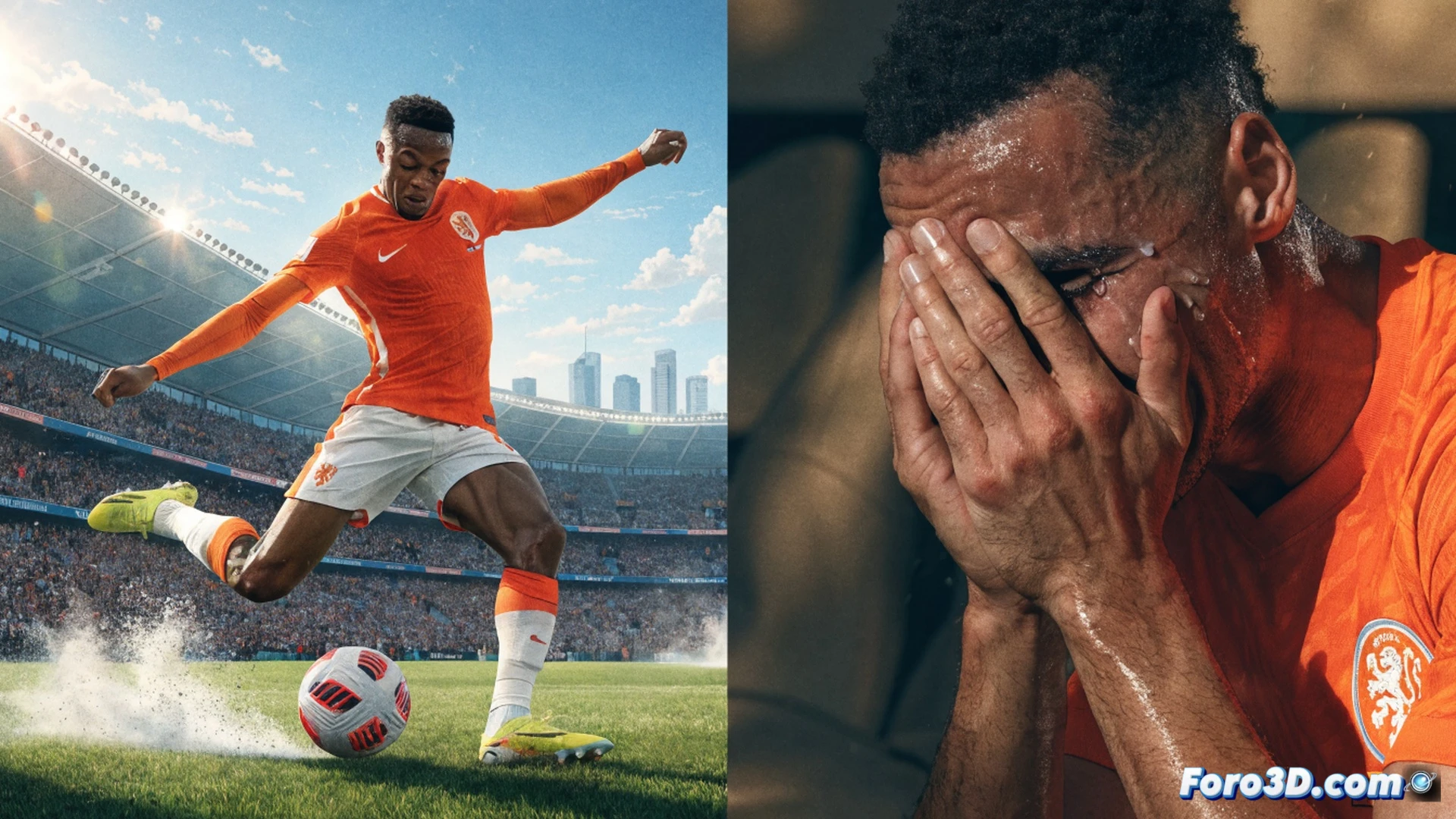 Estadio vacío en penumbra, un solo reflector iluminando a un futbolista arrodillado sobre el césped, manos cubriendo el rostro mientras lágrimas caen sobre los cordones de sus botines naranjas, balón detenido a un costado cerca del poste de la portería, brazalete de capitán caído en el suelo junto a un par de guantes de portero abandonados, sudor y lluvia mezclándose en el pasto, silueta de un banquillo con toallas y botellas de agua desordenadas, cámara lenta cinematográfica, tonos azules fríos contrastando con el naranja neón del uniforme, textura de césped mojado y gotas suspendidas en el aire, realismo fotográfico emocional, iluminación dramática de estadio vacío.