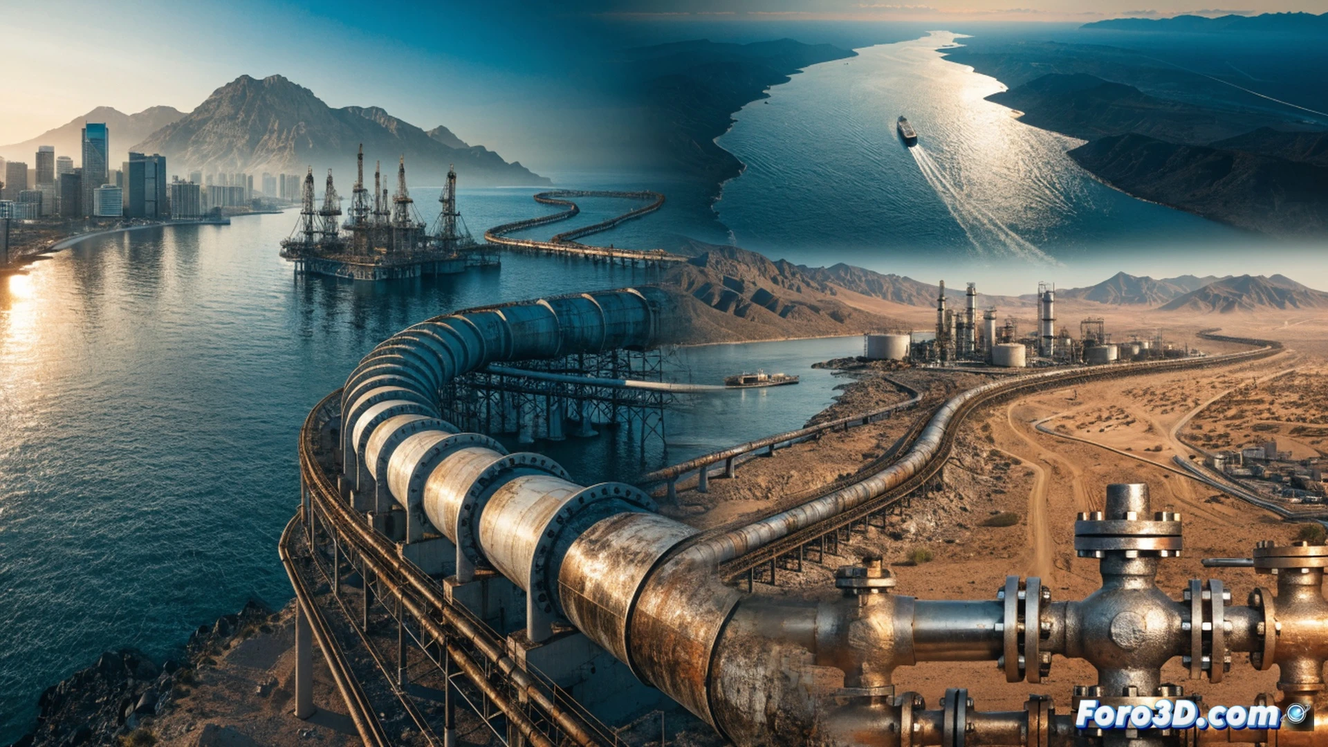 Aerial view of a massive oil tanker navigating a narrow maritime chokepoint, a cracked and fractured digital map of the Strait of Hormuz glowing red in the foreground, multiple pipelines branching away from the strait across a desert landscape towards distant ports, construction cranes and welding sparks on a new offshore loading platform, ships rerouting through a blue alternative channel on a holographic navigation screen, cinematic engineering visualization, photorealistic industrial lighting, dramatic contrast between dark sea and bright flames, ultra-detailed mechanical structures, technical illustration style
