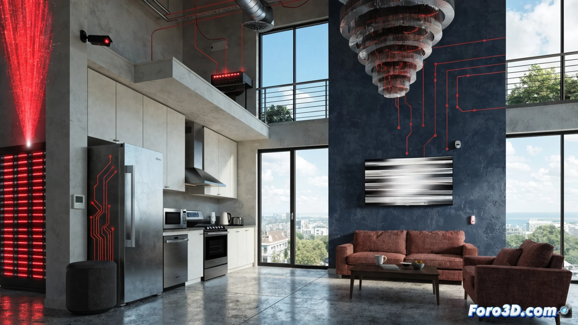 cinematic photorealistic scene of a modern living room with smart devices, a router emitting glowing malicious data streams, a smart camera lens shifting to an ominous red eye, an open smart refrigerator door displaying hacked command lines, a tablet on the table showing a cyberattack dashboard, invisible hacker tools penetrating the network, glowing red and blue data packets flowing from appliances to an unseen dark server, dramatic low-angle lighting, shadows cast by compromised electronics, ultra-detailed hardware textures, technical illustration style, tense atmosphere, no text or numbers visible
