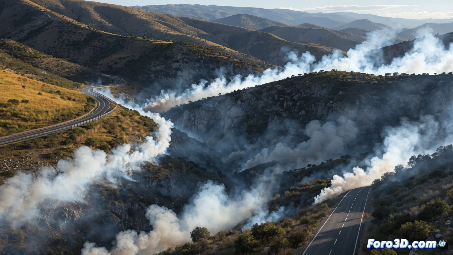 Aerial view of a wildfire raging across a forested hillside in Castellón, thick black smoke billowing directly onto a four-lane highway, orange flames licking the asphalt edge, a line of stopped cars with hazard lights flashing, firefighters in yellow gear spraying water from a truck near the road shoulder, photorealistic cinematic disaster scene, dramatic smoky sky, heat haze distorting the road surface, ultra-detailed vegetation and vehicle textures, high-contrast lighting, technical environmental visualization