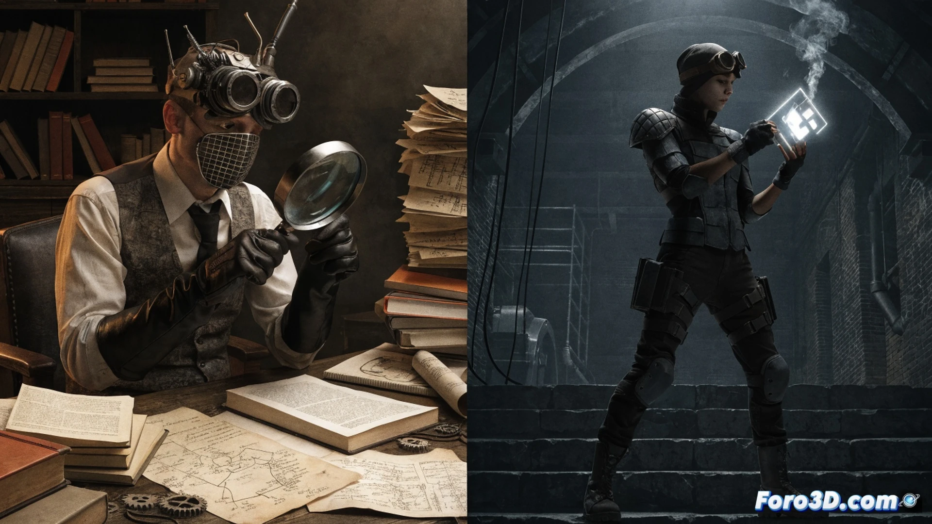 criminal figure Arthur Brown as Cluemaster in a shadowy study, arranging cryptic puzzle pieces and clue cards on a wooden desk, surrounded by scattered evidence boards and old detective case files, a magnifying glass resting near a half-written riddle, vintage 1960s crime lab equipment visible, dim lamp casting dramatic shadows, cinematic noir style, photorealistic technical illustration, grimy textured walls, cold blue and amber lighting, high contrast, ultra-detailed cloth textures, film grain effect, moody atmosphere