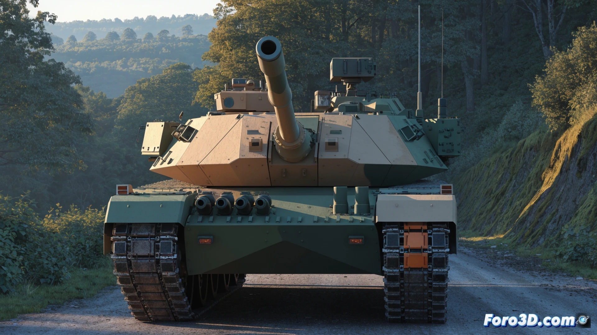 Leopard 2E tank advancing through a snowy Latvian forest, 63-ton hull displacing mud and snow, 120 mm cannon barrel angled forward, reactive armor blocks visible on turret, maintenance crew in winter gear inspecting track tensioners and hydraulic lines beside the vehicle, open engine compartment revealing MTU diesel components, tactical radio antenna extended, NATO identification markings on side skirts, cinematic photorealistic war documentary style, low-angle dramatic lighting, cold blue-gray atmosphere, exhaust heat haze rising, mud splashes on lower hull, technical engineering visualization