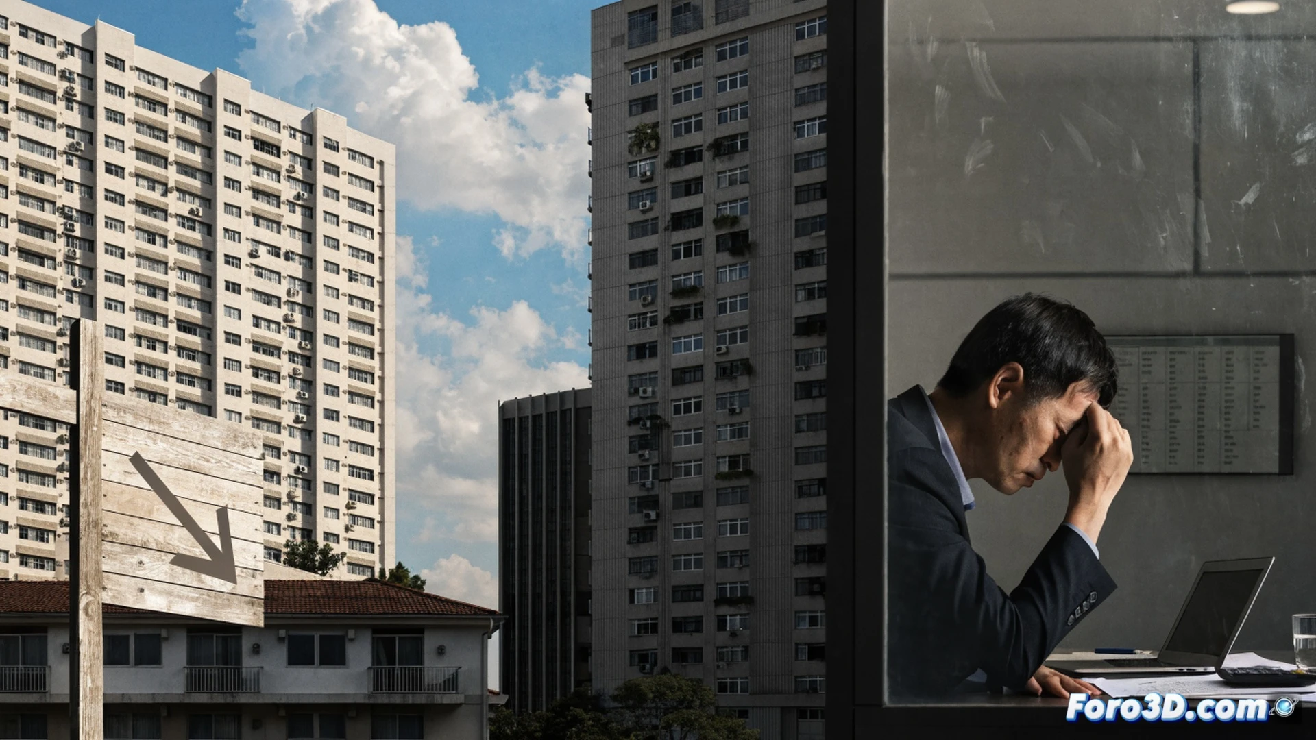 HDB resale flat cooling market Singapore, elderly couple reviewing a printed property valuation report while a real estate agent points at a downward trend graph on a tablet, unsold For Sale sign visible through window, showing hesitant buyers and longer selling periods, private condo skyline faintly in background, photorealistic technical illustration, soft overcast daylight, muted colours, analytical mood, precise architectural details of HDB block, tablet screen displaying price drop trend lines, printed document with housing statistics, realistic skin textures and fabric folds