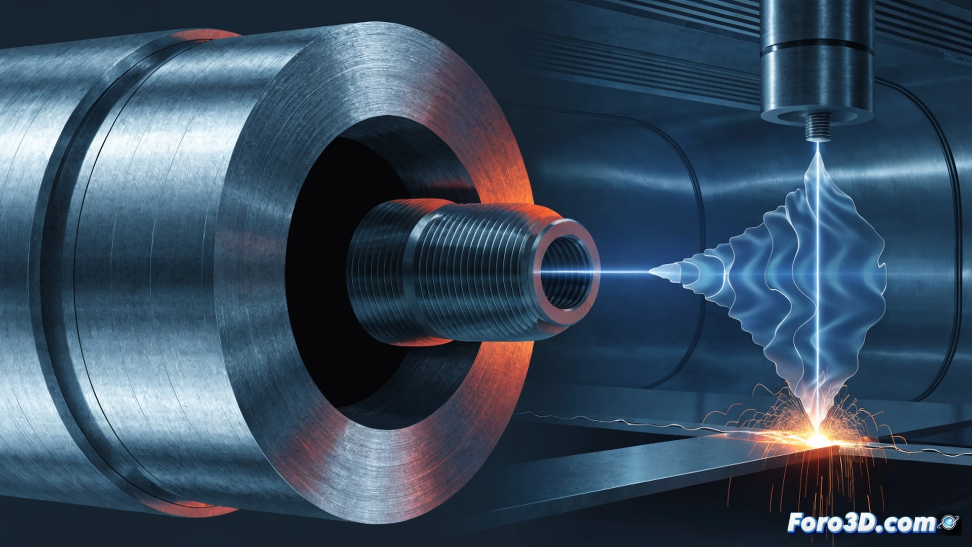 Engineering visualization showing a laser welding head hovering over sheet metal, focusing beam distorted by mechanical stress from threaded support, 3D metrology scan data overlaying deformed surface in GOM Inspect interface, COMSOL simulation heatmap of residual tension propagating through threaded bracket, metallic components under industrial lighting, cross-section view of threaded joint with stress lines radiating, photorealistic technical illustration, cinematic depth of field, precise engineering details