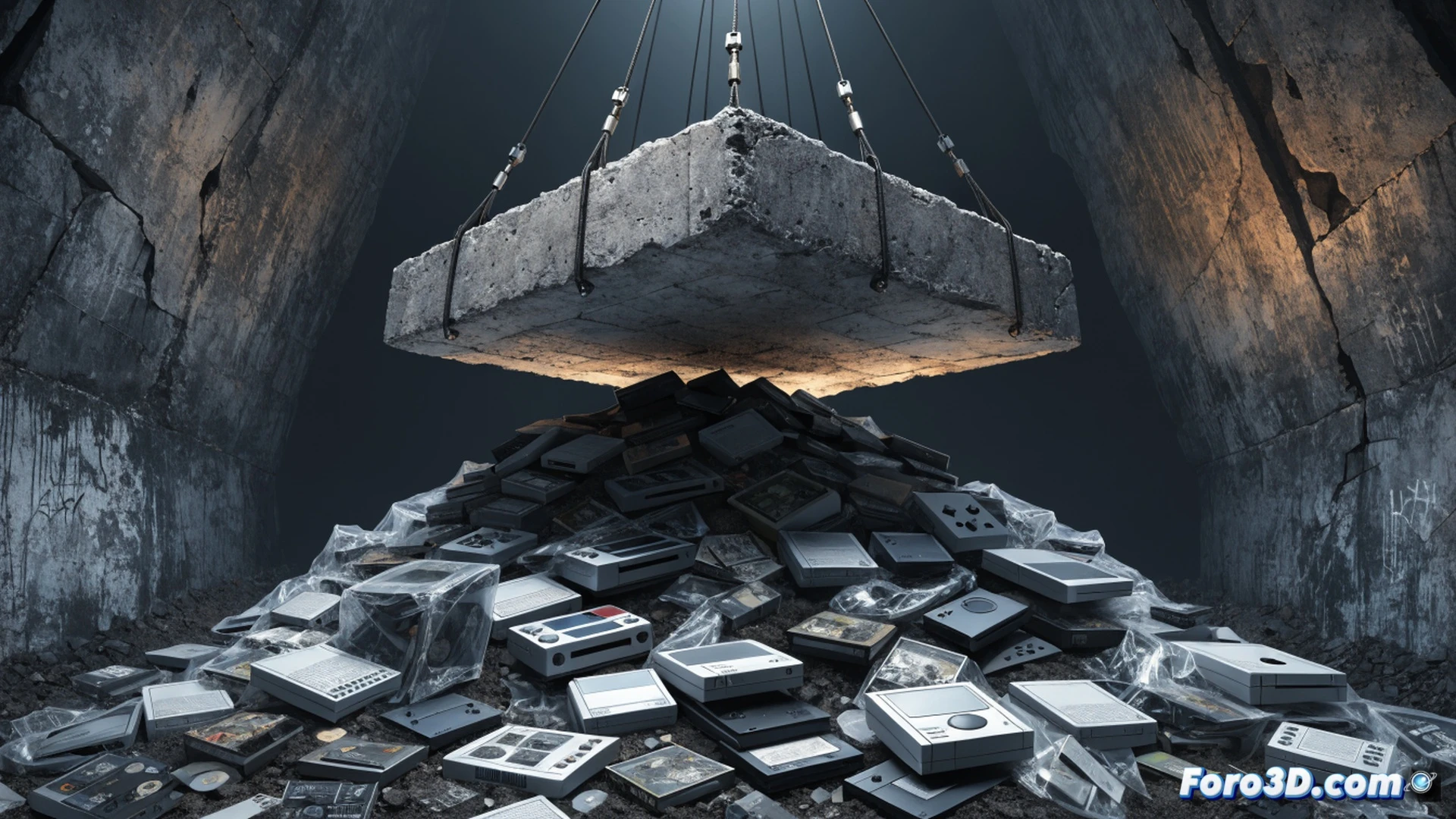 abandoned server room filled with stacked vintage game consoles and dusty hard drives, a glowing copyright symbol projected onto a cracked monitor, cobwebs covering tangled cables and outdated software manuals, a single modern game disc being inserted into a pristine new console while old cartridges crumble nearby, cinematic technical illustration, dramatic chiaroscuro lighting, photorealistic textures, dust particles suspended in light beams, contrast between decay and preservation, ultra-detailed mechanical components