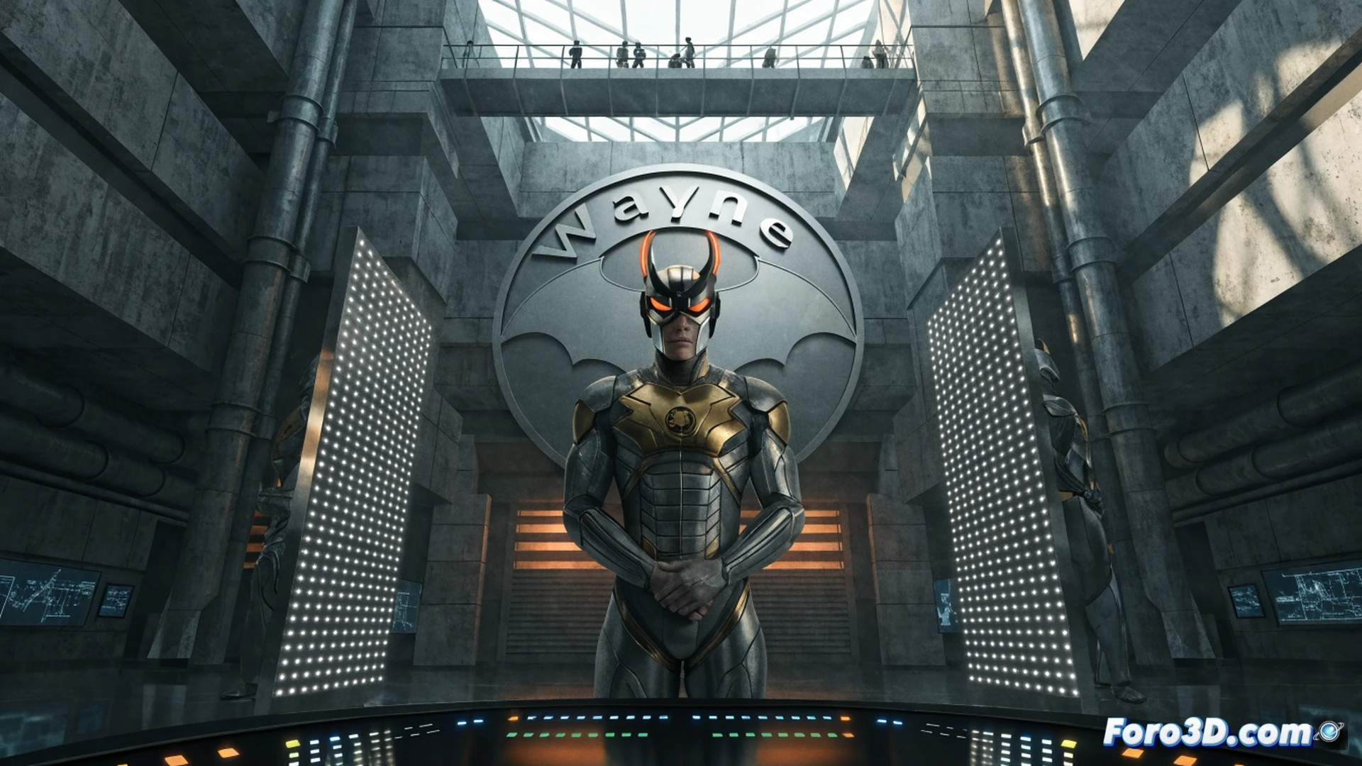 Retro-futuristic comic book cover scene showing a forgotten superhero named Karma in a dark Wayne Enterprises R&D lab, wearing a sleek metallic costume with angular shoulder pads and a glowing red visor, standing on a broken holographic projection table, while a robotic arm dismantles an old prototype utility belt, dust particles floating in dim blue emergency lights, vintage 1980s comic art style with heavy ink lines and muted cyan shadows, photorealistic vintage paper texture, dramatic low-angle shot emphasizing isolation and abandonment, action pose with one hand raised as if summoning energy but no visible power effect, technical illustration aesthetic with exposed circuit boards and scattered blueprint pages on the floor.