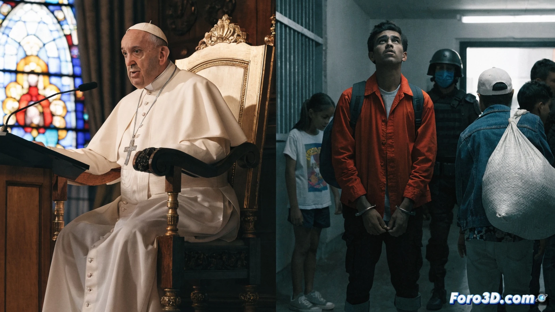 Vatican Palace interior, Pope Francis standing at an ornate podium delivering a speech about migrant rights, while in the foreground a stark contrast shows a chain-link border fence with a migrant family being turned away by security guards, a church worker holding a deportation document instead of offering help, dramatic split lighting between golden papal chamber and cold blue exterior, photorealistic cinematic composition, symbolic visual tension between words and institutional inaction, ultra-detailed textures of marble, fabric, and metal fence