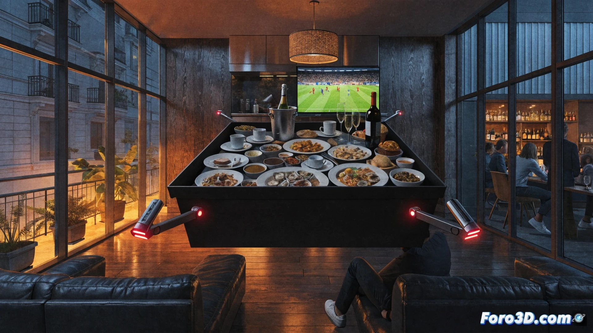 Pedido de delivery gigante durante un partido de fútbol, pantalla de tablet con interfaz de Uber Eats mostrando un total de 830 euros, alitas de pollo y pizzas apiladas en bolsas térmicas, repartidor corriendo hacia una moto, luces de televisión encendida con un estadio de fondo, gráfico de demanda subiendo un 25% en tiempo real sobre la mesa, estilo cinematográfico fotorrealista, acción frenética, cocina de restaurante iluminada con focos cálidos, humo de comida recién hecha, movimiento borroso en las manos del cocinero, ambiente deportivo vibrante