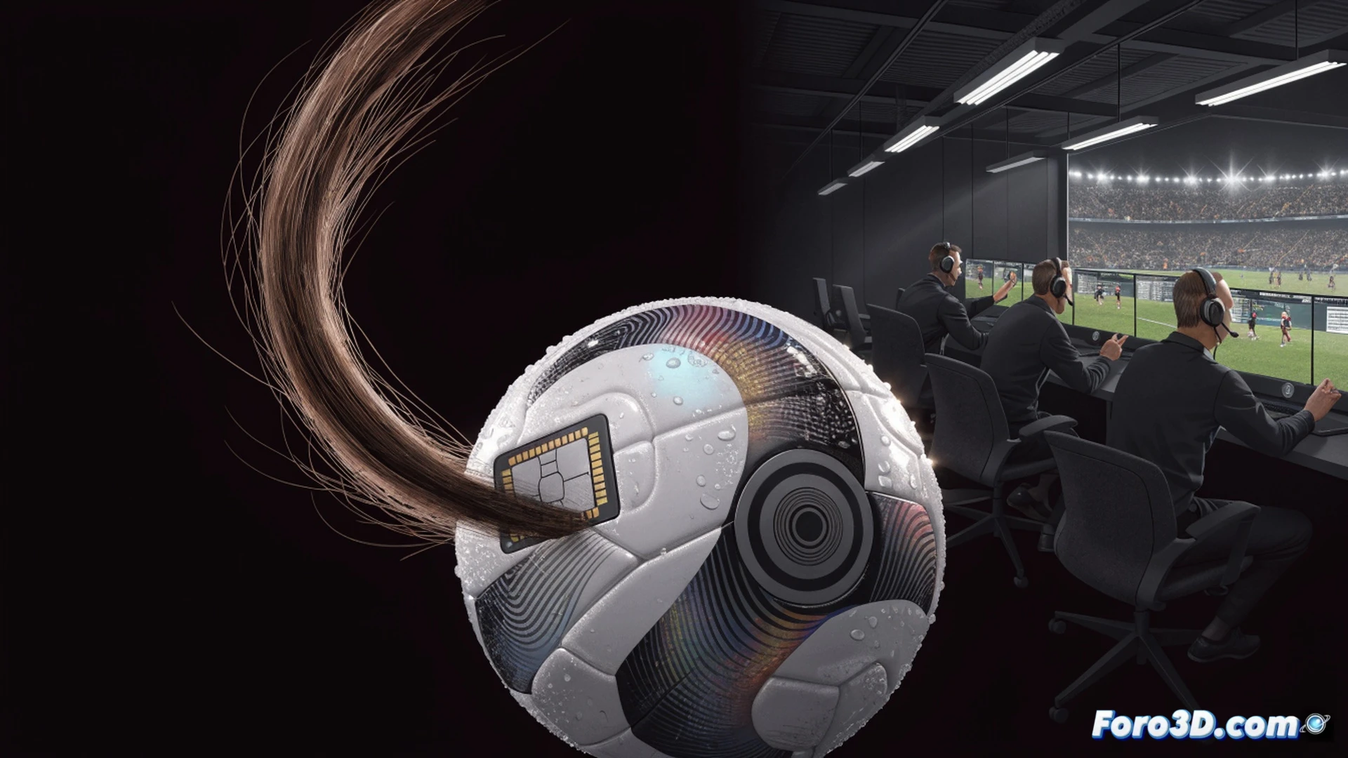 Croacia vs Italia en partido de eliminatoria mundialista, balón detenido en el aire durante un tiro libre, delantero Matanovic saltando para cabecear, un cabello suelto rozando la superficie del balón justo antes del impacto, chip sensor interno del balón activándose con luz roja en el momento del roce, sistema VAR mostrando en pantalla la línea de fuera de juego y la trayectoria del cabello ampliada 500x, estadio lleno con aficionados congelados en gestos de incredulidad, estilo cinematográfico hiperrealista, iluminación dramática de estadio nocturno, texturas detalladas del césped y el balón, resolución 8K, profundidad de campo extrema, captura de microinstante congelado en el tiempo.