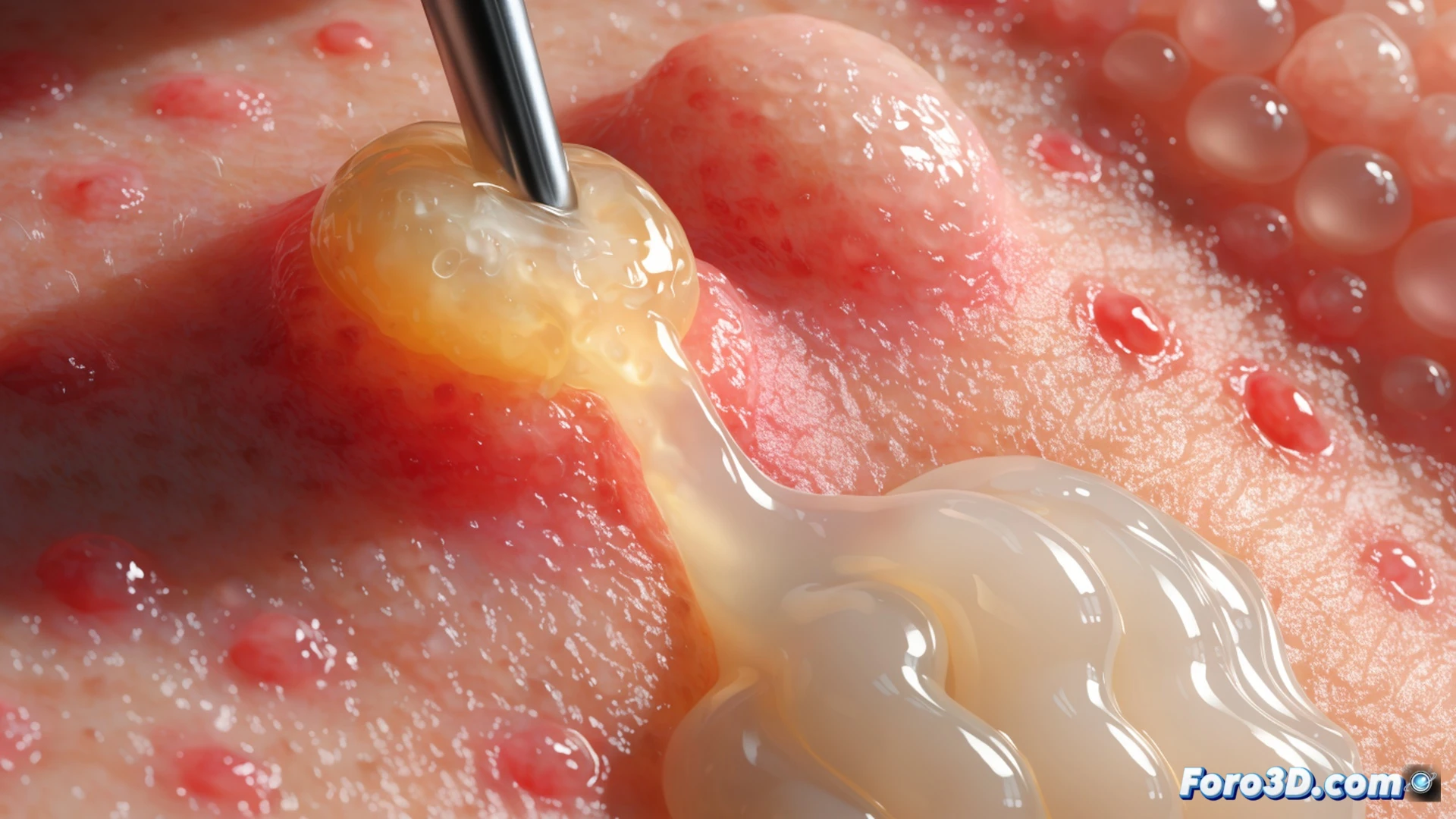 close-up of a finger pressing on a skin pore, a yellowish sebum plug being expelled in slow motion, smartphone screen in background showing a pimple popping video, dopamine molecules glowing in the brain silhouette, dermatological extraction tool on a sterile surface, cinematic medical illustration style, hyperrealistic skin texture, soft clinical lighting, anatomical detail of pore stretching, neural reward system highlighted with orange sparkles, photorealistic technical render