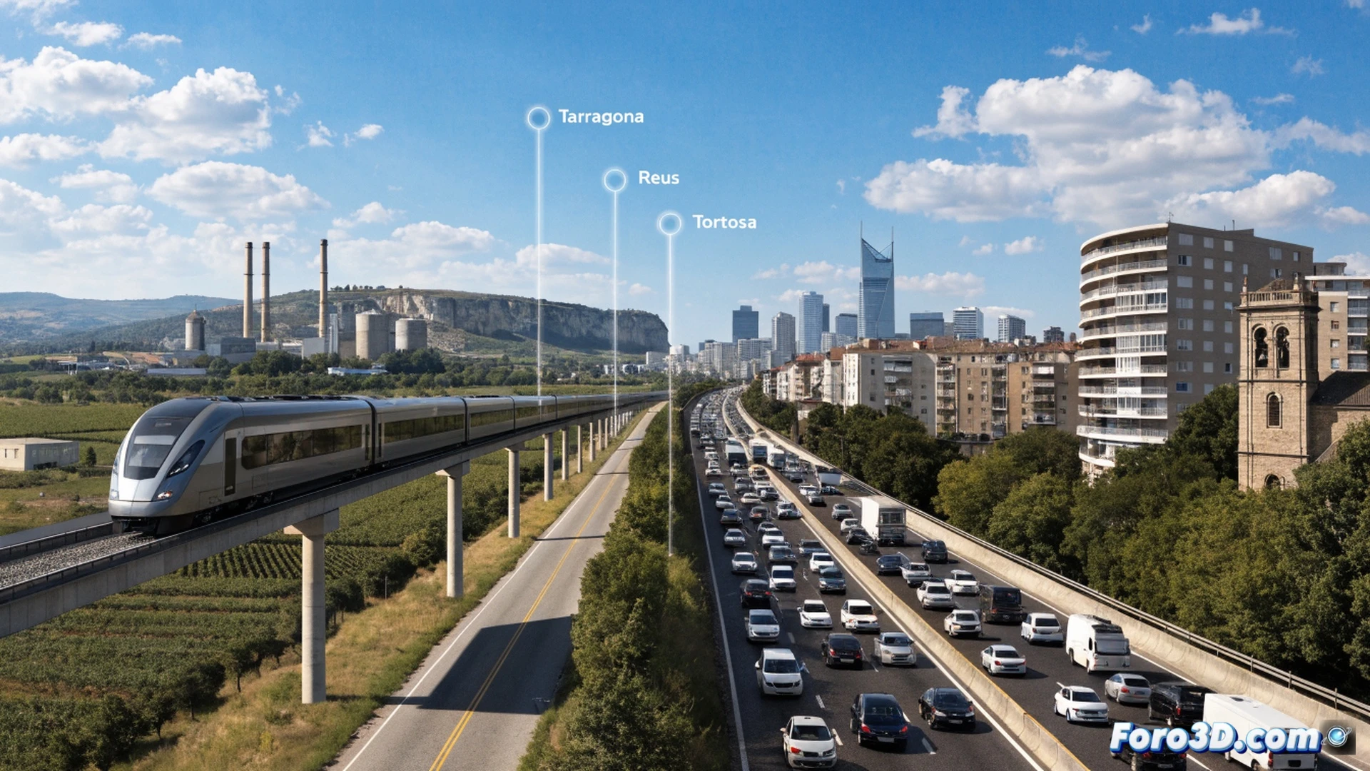 modern high-speed train gliding through a curved viaduct near Tarragona at sunset, railway catenary wires and signal gantries visible, multiple train lines converging without passing through Barcelona, digital route map overlay on the train window showing connections to Reus and Tortosa, commuters boarding with bicycles and laptops, minimalist station platform with clear signage indicating 15-minute frequencies, photorealistic cinematic render, warm golden-hour lighting, clean architectural lines, dynamic motion blur on wheels, technical precision in rail infrastructure, panoramic landscape with Mediterranean hills in background