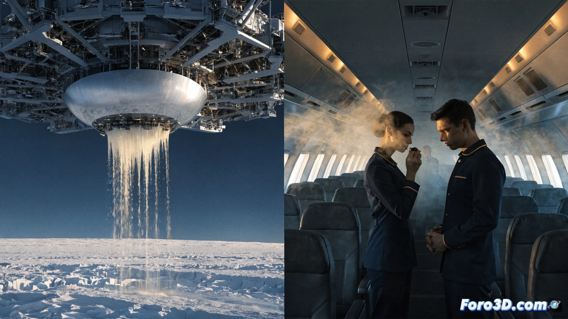 aircraft cruising at high altitude over polar region, contrails forming behind engines, microscopic sulfur particles being released from wingtips mixing with exhaust, chemical reaction creating sulfuric acid droplets visible as glowing green haze, cockpit window showing pilot and flight attendant with respiratory masks, warning indicators on dashboard, photorealistic cinematic engineering visualization, dramatic sunset lighting over ice caps, ultra-detailed cloud particles, atmospheric layers visible, toxic aerosol dispersion patterns highlighted with semi-transparent orange lines, technical illustration style