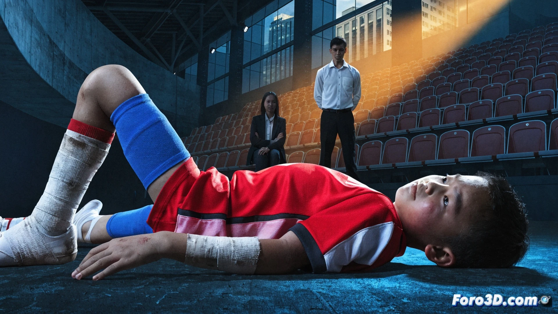 young child gymnast gripping uneven bars with strained expression, coach adjusting child's wrist brace while parent watches with concerned face, gym floor scattered with ice packs and medical tape, medical diagram overlay showing stress fractures in developing bones, photorealistic sports medicine visualization, cold blue ambient lighting contrasting with warm spotlights on the child, motion blur on swinging apparatus, visible tension in child's forearm muscles, orthopedic brace details on wrist and elbow, realistic gym equipment textures, dramatic chiaroscuro lighting emphasizing the contradiction between athletic ambition and physical vulnerability