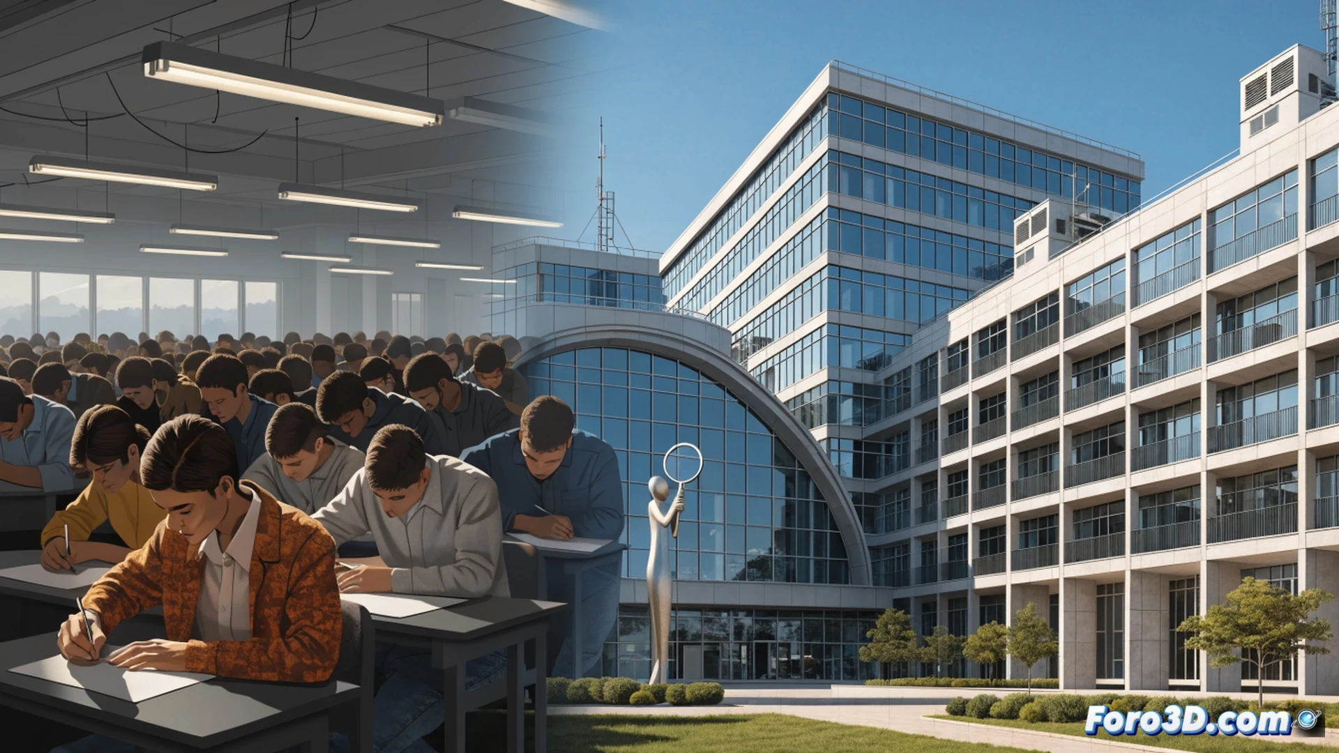 crowded examination hall, students gripping pens while staring at blank answer sheets, transparent glass wall showing a narrow doorway labeled with medical caduceus and nursing cap symbols, hundreds of students pressing against the glass while only a few pass through, digital holographic bar graph on the right showing an infinite vertical queue labeled with a red diminishing capacity indicator, realistic technical illustration style, cold fluorescent lighting, frustrated facial expressions, metallic barrier separating exam desks from the limited entrance, photorealistic engineering visualization, dramatic contrast between the exam room and the bottleneck exit