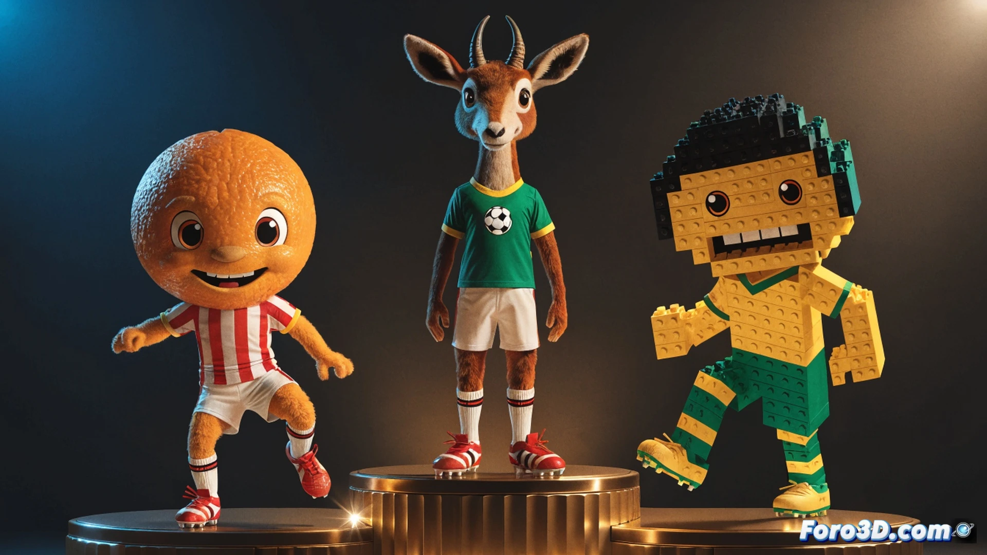 three world cup mascots floating in mid-air design studio, zakumi leopard roaring with glowing orange fur, naranjito bouncing with glossy orange skin texture, footix rooster flapping wings with blue feathers, digital sculpting software interface visible on transparent holographic screens, stylus pen hovering over 3d model wireframe, cultural identity symbols like african tribal patterns and spanish flamenco motifs embedded in character textures, cinematic technical illustration, volumetric lighting casting dramatic shadows on white pedestals, floating particles of paint and digital code, photorealistic product design visualization, high-contrast studio lighting, ultra-sharp focus on fur and fabric details
