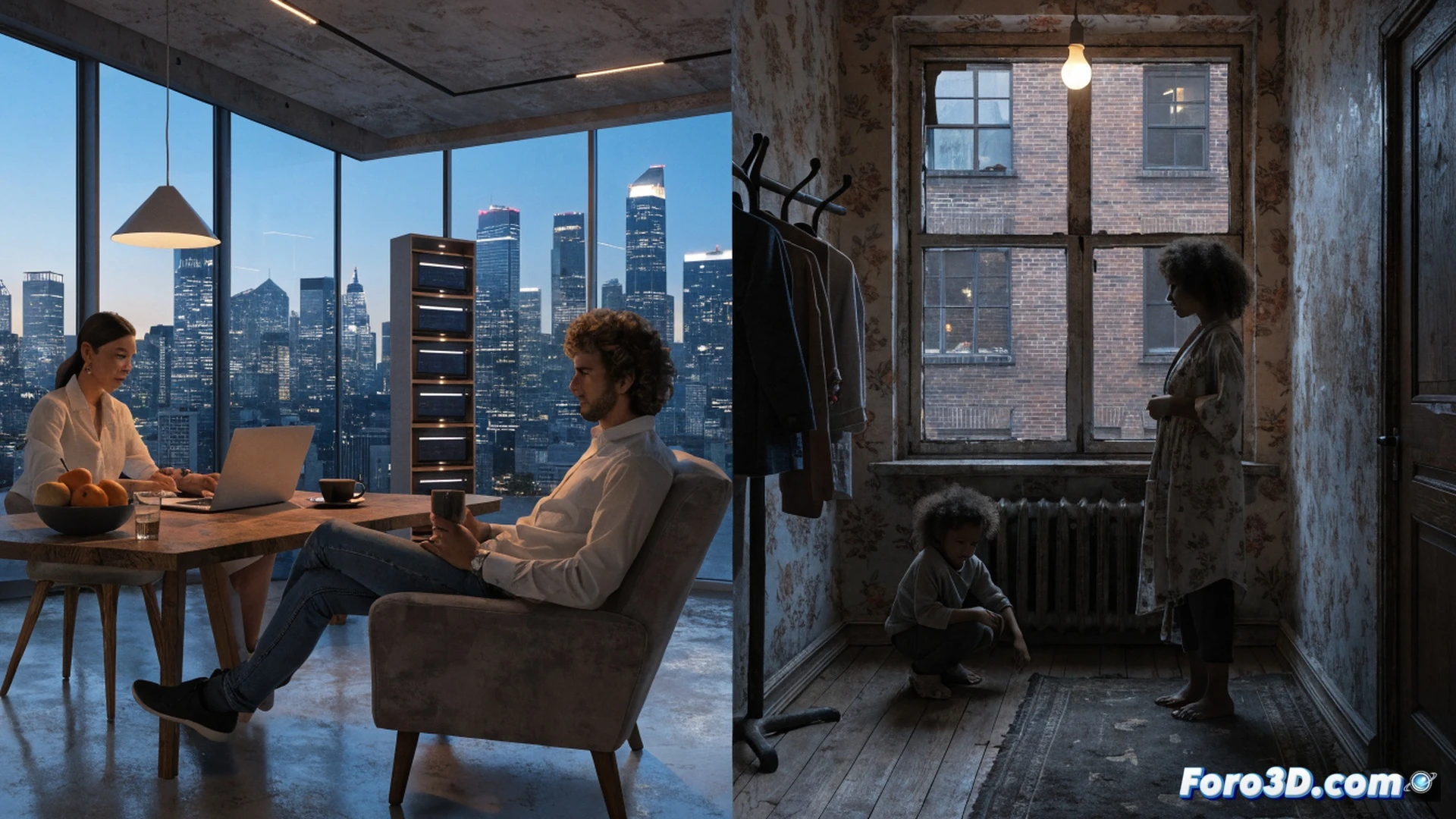 cinematic photorealistic scene of a luxury smart home with a massive Tesla Powerwall array glowing blue in a pristine garage, contrasting with a run-down wooden house in the background where an elderly person holds a high electricity bill, while a technician installs solar inverters and wiring conduits in the wealthy home, the camera angle showing the stark divide between two properties, dramatic dusk lighting with cool blue tones on the battery system and warm amber shadows on the poorer home, ultra-detailed textures of concrete walls, rusted pipes, and polished battery casings, technical engineering visualization of energy flow with glowing blue circuit paths from panels to batteries, motion blur on the installer's hands during cable connection, realistic industrial shadows and reflections