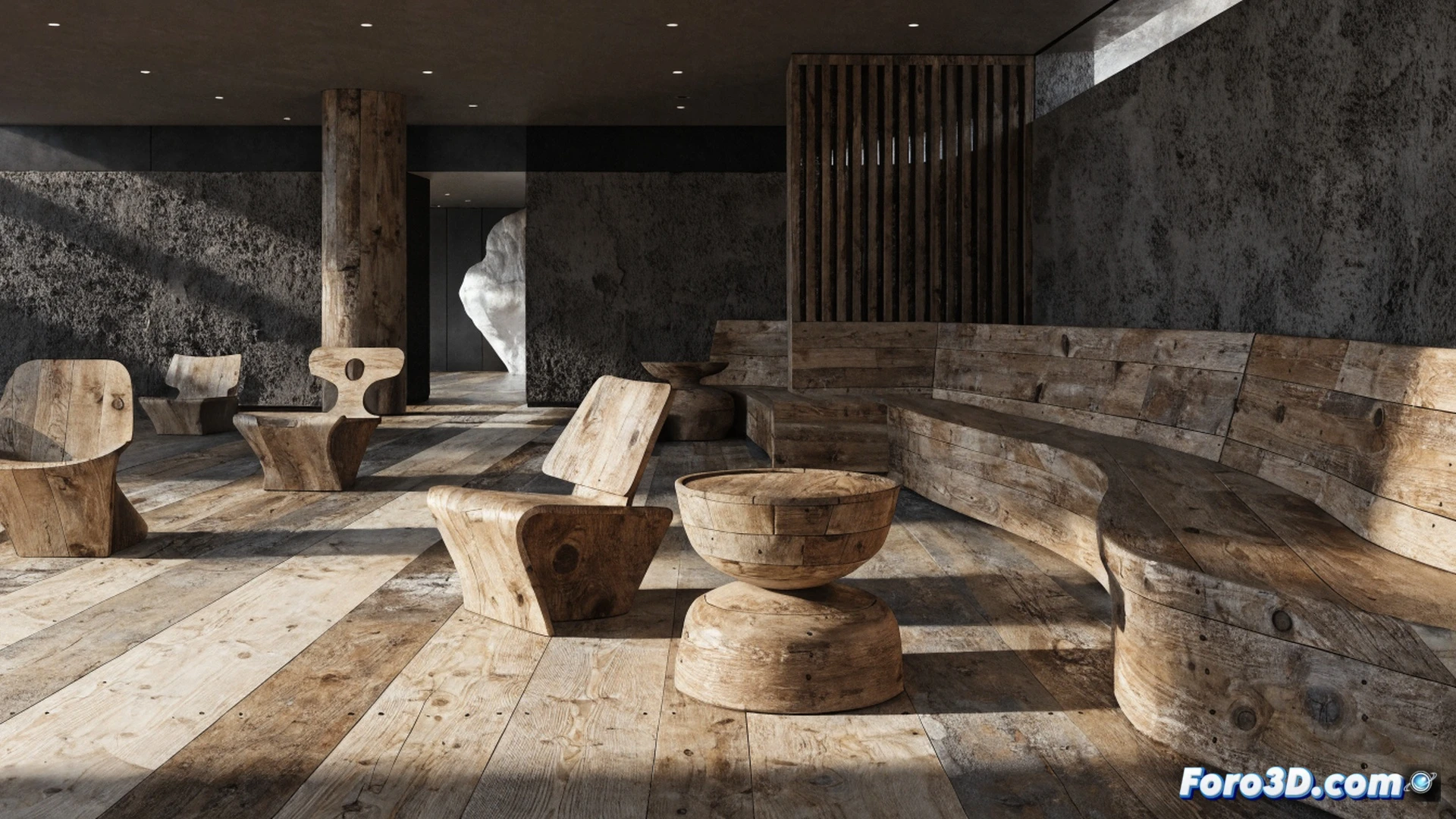 Museo Reina Sofía habitación Alhacena, visitante sentado en un banco curvo de madera reciclada con vetas y nudos visibles, luz cálida de lámpara colgante de fibra natural, persona hojeando un libro mientras otra sostiene una taza de té, estantería con tablones de madera recuperada mostrando grietas y parches, pared de yeso texturizado con sombras suaves, suelo de tarima reciclada con variaciones de tono, ambiente acogedor de salón doméstico, photorealistic interior architectural visualization, warm amber lighting, natural materials, sustainable design, cinematic composition, high detail wood grain, comfortable informal atmosphere