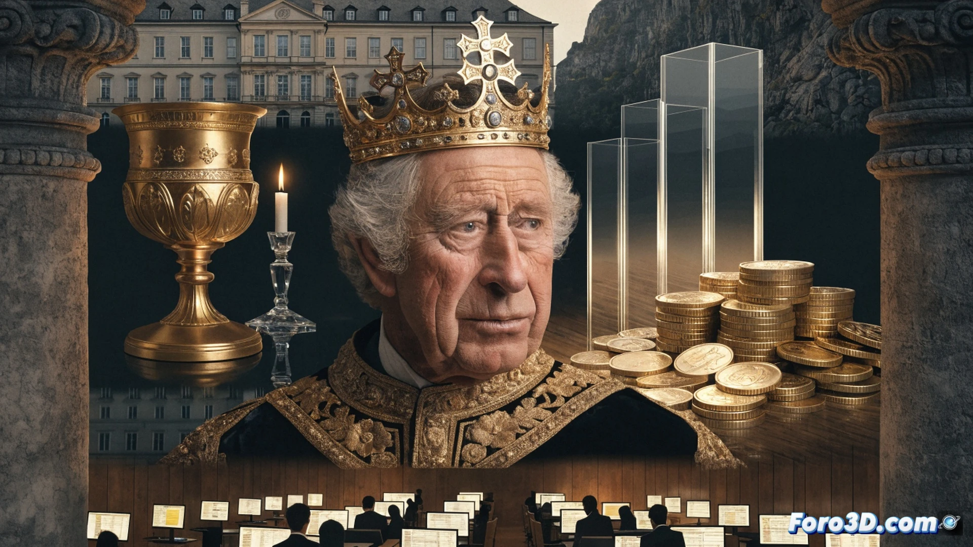 A massive golden coin with King Charles III profile being stamped by a hydraulic press, while a transparent glass jar labeled with a crown fills with smaller gold coins flowing from a tax receipt funnel above, a magnifying glass showing Crown Estate property blueprints on a wooden desk, a calculator displaying rising numbers beside a stack of British pound notes, cinematic technical visualization, dramatic overhead spotlight illuminating the transaction process, photorealistic engineering render, metallic reflections, precise mechanical action, hyper-detailed financial instruments