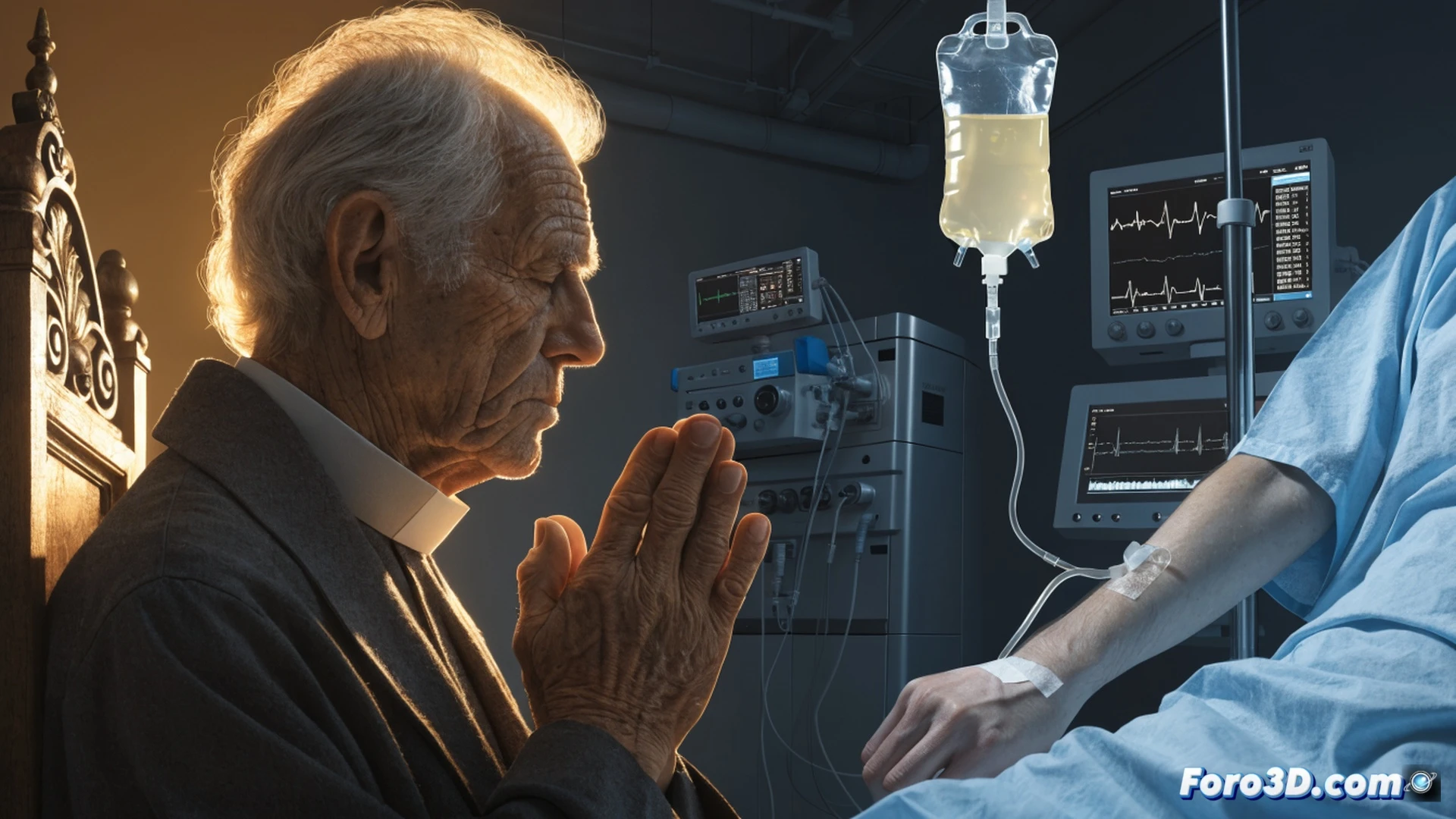 A crowded public hospital waiting room, dim fluorescent lights, patients on worn plastic chairs staring at a cracked ceiling, a single doctor typing on an outdated computer monitor while a glowing rosary hangs unused on the wall, contrast with a distant private clinic wing visible through a half-open door where a suited executive is being escorted past security, cinematic photorealistic render, cold blue institutional lighting, dust particles floating in stale air, medical equipment cables tangling on the floor, sterile but decaying environment, hyper-detailed textures on cracked tiles and faded posters