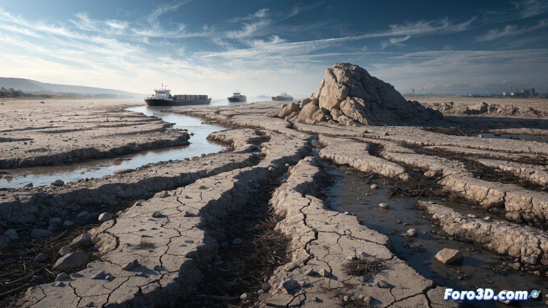 barcaza de carga parcialmente sumergida en el lecho seco del río Rin, grietas en el barro expuesto, niveles de agua bajos visibles contra pilotes de puente, humo de refinería al fondo, grúa portuaria inactiva, barco con contenedores inclinado por falta de calado, cielo brumoso de ola de calor, luces de navegación encendidas durante el día, estilo cinematográfico fotorrealista, detalle técnico de hidrovía en crisis, textura de sedimento agrietado, reflejos metálicos opacos bajo luz solar intensa, composición dramática con horizonte industrial
