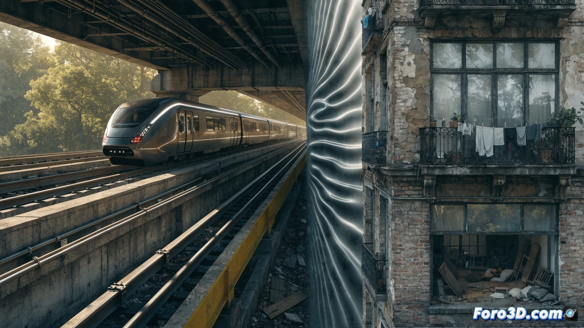 Photorealistic railway track maintenance scene at night, a grinding machine polishing a rail in a residential area, sparks flying from the metal contact, nearby houses with lit windows showing vibration lines radiating from the track into the foundations, a TfL worker in high-visibility vest monitoring a tablet displaying vibration frequency data, while a distressed resident watches from a window, technical illustration style, dramatic urban lighting, cold blue and warm orange contrast, ultra-detailed rail wear patterns, machinery hydraulic pistons in action, dust particles illuminated by work lights, cinematic engineering visualization