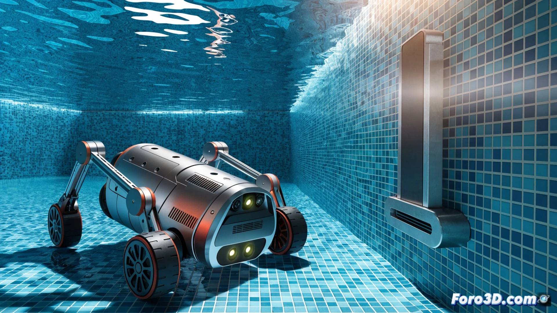 Seauto SAT25 robot sumergido en piscina azul cristalina, moviéndose sobre fondo de baldosa mientras chorros de agua expulsan suciedad desde las ruedas, cepillos giratorios desprendiendo algas de la pared vertical, partículas de polvo siendo aspiradas hacia el filtro interno, burbujas de aire ascendiendo durante el proceso de limpieza automática, luz solar reflejándose en la superficie del agua, carcasa negra texturizada con detalles de ingeniería, photorealistic underwater technical illustration, iluminación subacuática dramática, nitidez extrema en componentes mecánicos