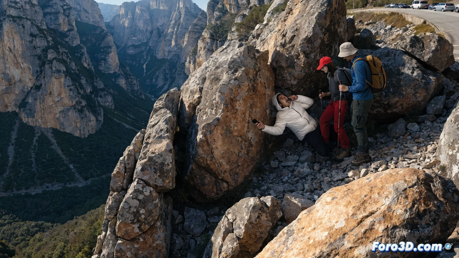 montserrat rocky cliffside accident scene, two hikers standing beside a middle-aged man in shock holding a phone, emergency services call in progress, hiking trail leading to parking area, forensic investigation markers on ground, cinematic photorealistic style, dramatic overcast lighting, misty mountain atmosphere, distressed body language visible, technical detail in hiking gear and mobile device, realistic textures of stone and vegetation, emotional tension captured in the composition